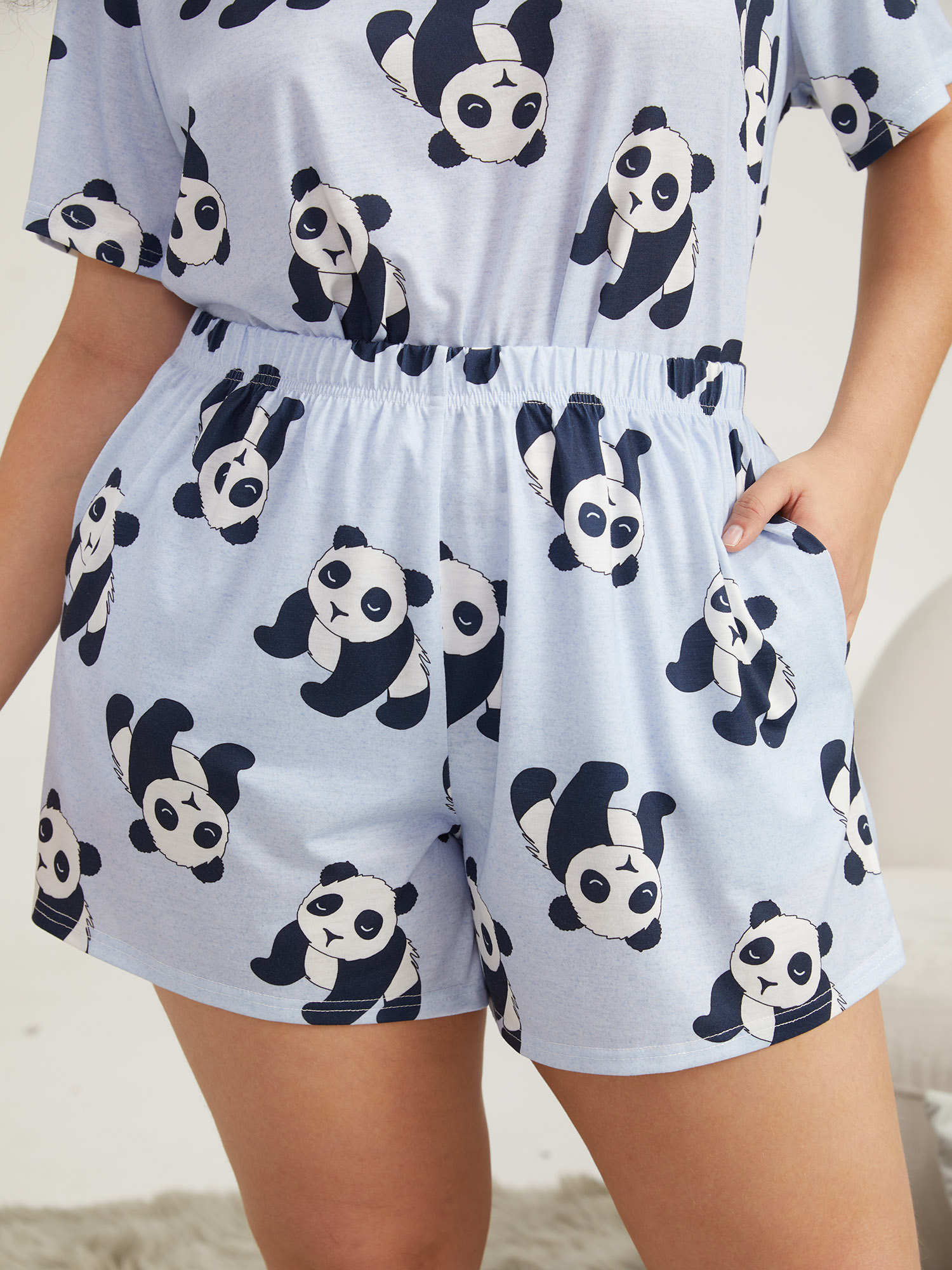 

Plus Size Panda Print Elastic Waist Sleep Shorts LightBlue Pocket Casual Everyday Animal Sleep Bottoms  Bloomchic