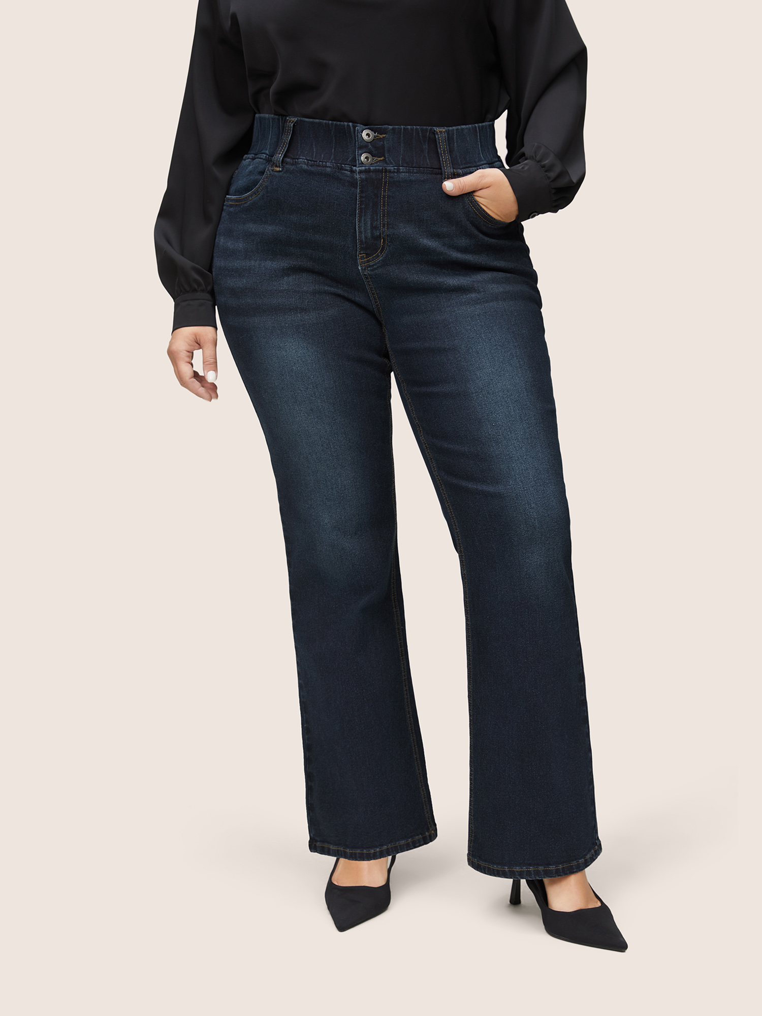 

Plus Size Bootcut Elastic Waist Button Down Jeans Women Indigo Casual Plain Plain High stretch Pocket Jeans BloomChic