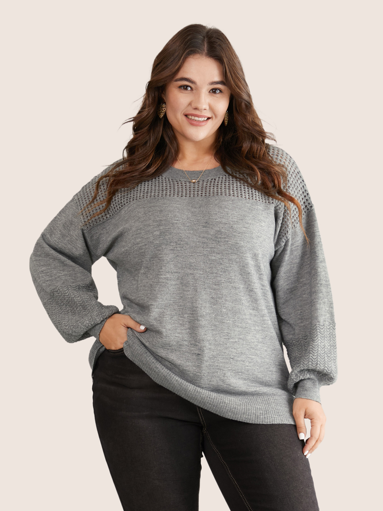 

Plus Size Supersoft Essentials Plain Hollow Out Puff Sleeve Pullover Gray Women Casual Loose Long Sleeve Round Neck Dailywear Pullovers BloomChic