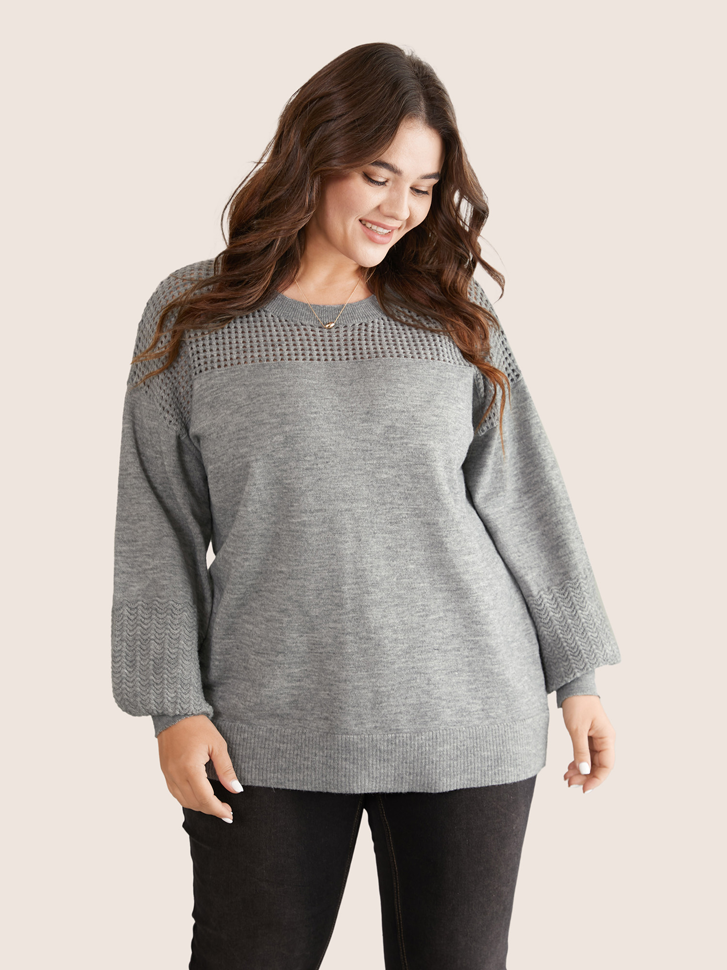 BloomChic Women's Plus Size Supersoft Essentials Plain Hollow Out Puff Sleeve Pullover Alabaster Gray Plain Long Sleeve 14-16/1X