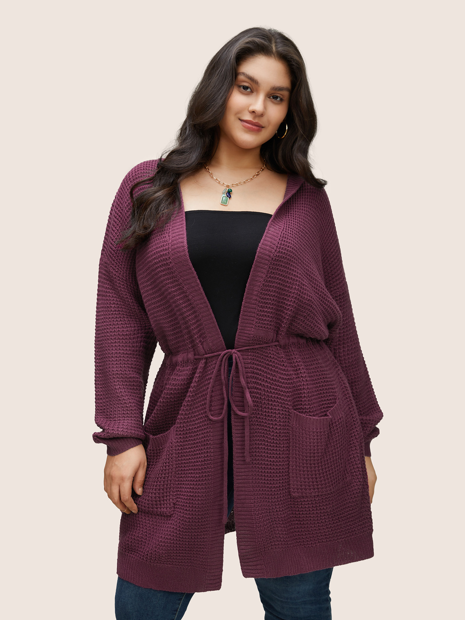 

Plus Size Solid Drawstring Pocket Hooded Open Front Cardigan Purple Women Casual Loose Long Sleeve Dailywear Cardigans BloomChic