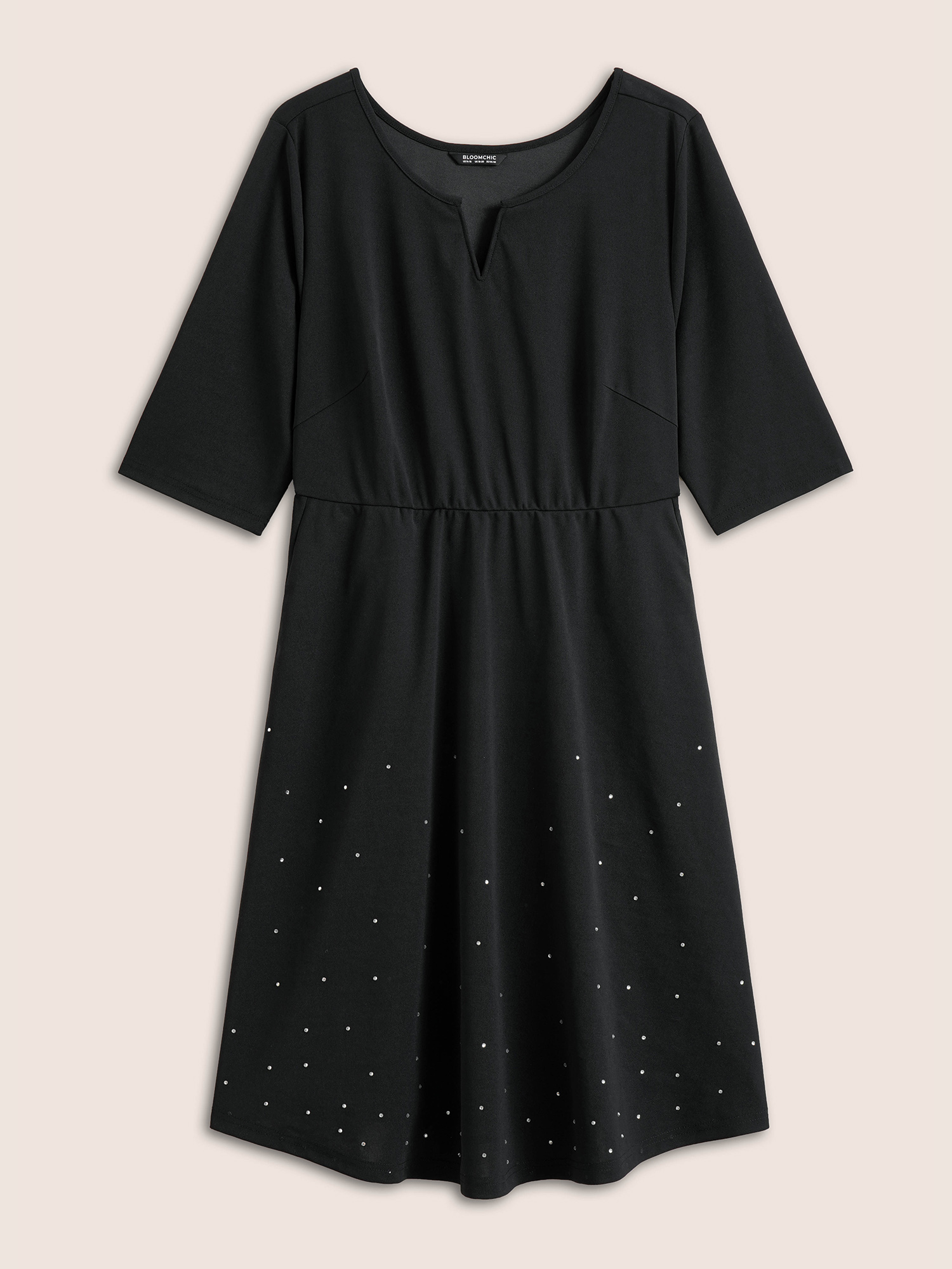 

Plus Size Rhinestone Notched Pocket Curved Hem Dress Black Women Glamour Rhinestone detailing Notched collar Half Sleeve Curvy Midi Dress BloomChic