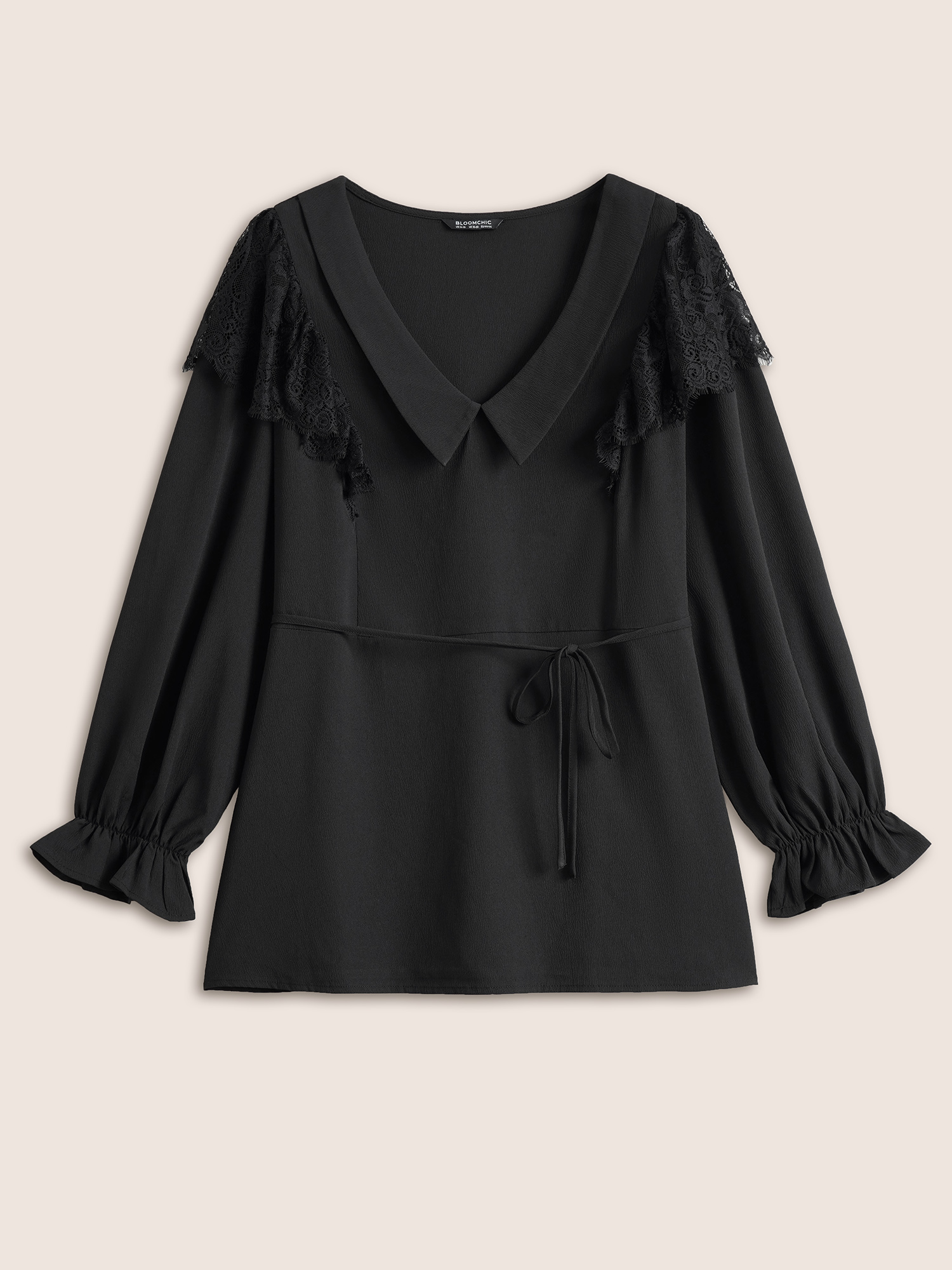 

Plus Size Black Solid Lace Panel Ties Patchwork Ruffles Blouse Women Glamour Long Sleeve Lapel Collar Party Blouses BloomChic