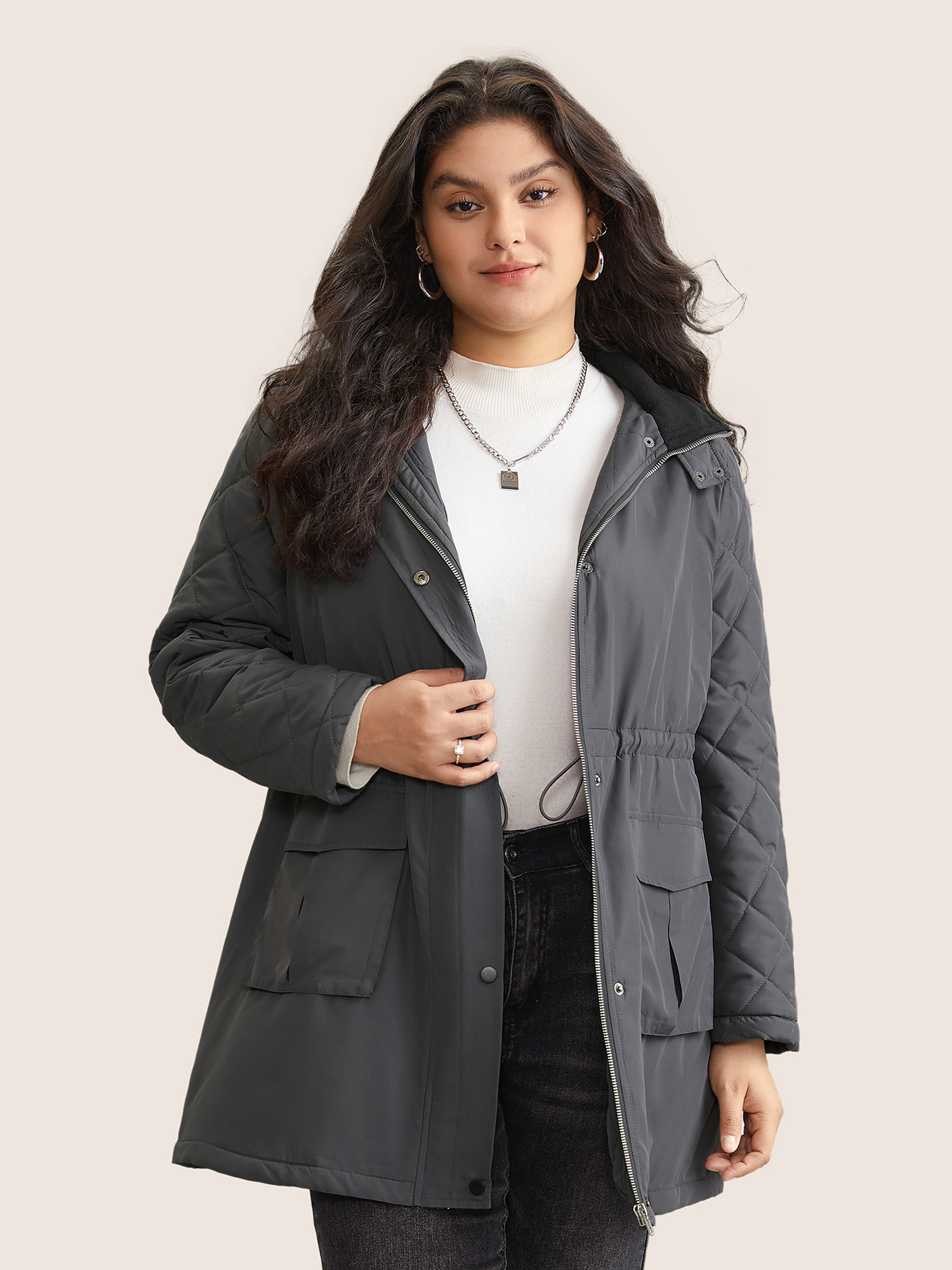 

Plus Size Solid Flap Detail Elastic Waist Quilted Coat Women DimGray Casual Lined Ladies Dailywear Winter Coats BloomChic