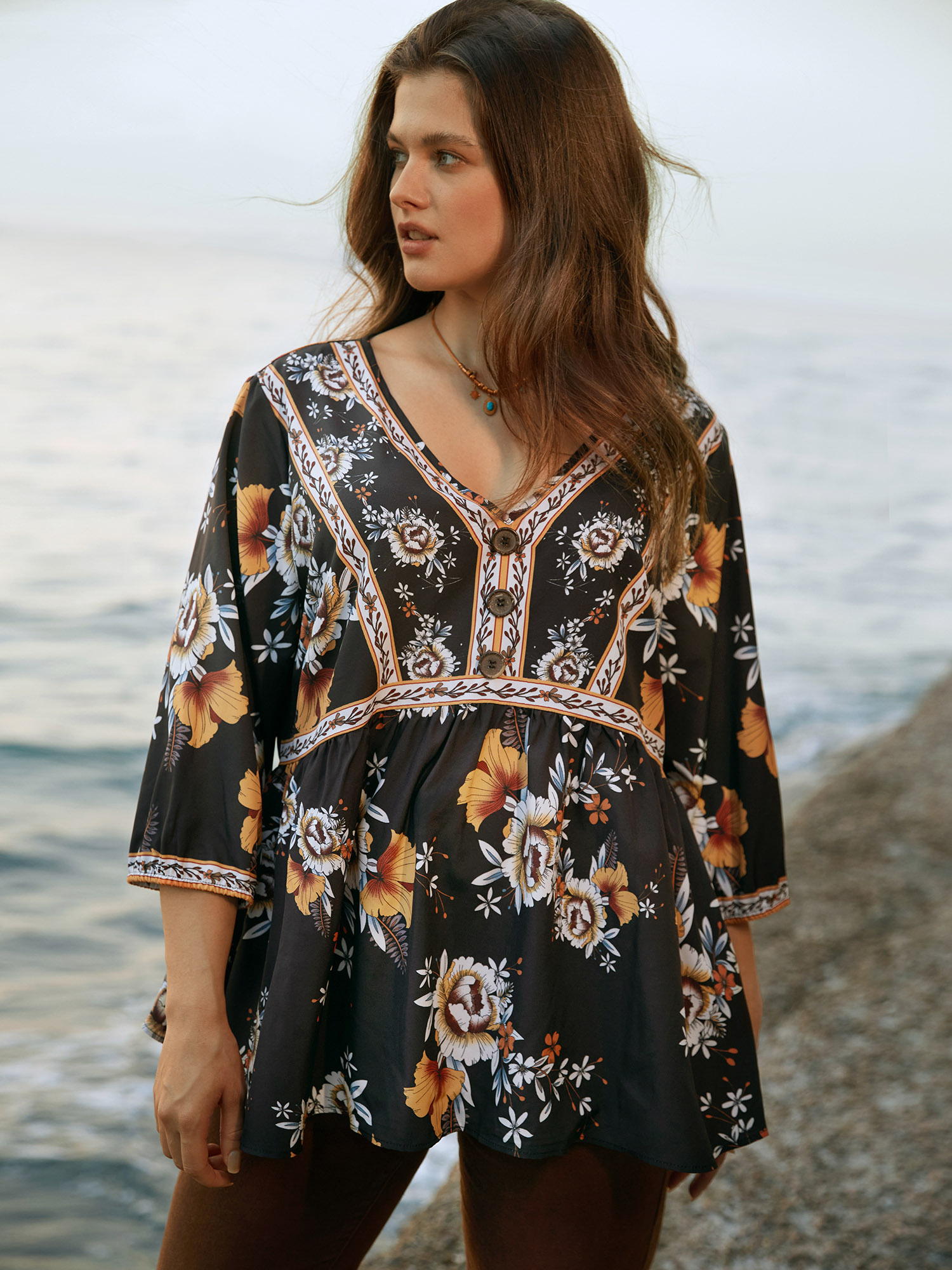 

Plus Size Black Boho Print V Neck Button Detail Gathered Blouse Women Vacation Elbow-length sleeve V-neck Vacation Blouses BloomChic