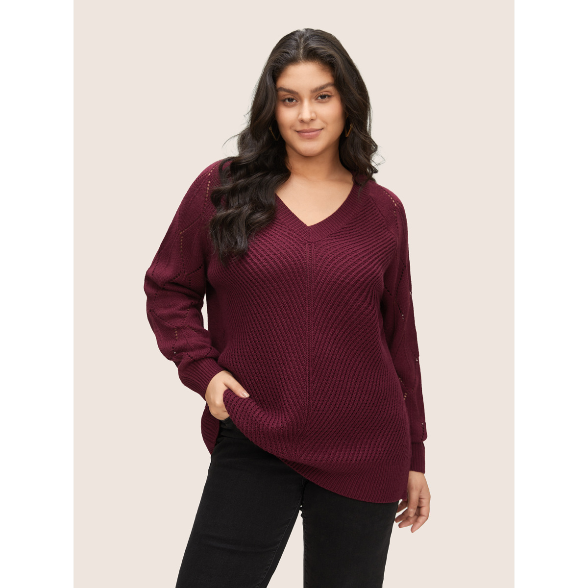 

Plus Size Solid Hollow Out Raglan Sleeve Pullover Burgundy Women Casual Loose Long Sleeve V-neck Dailywear Pullovers BloomChic