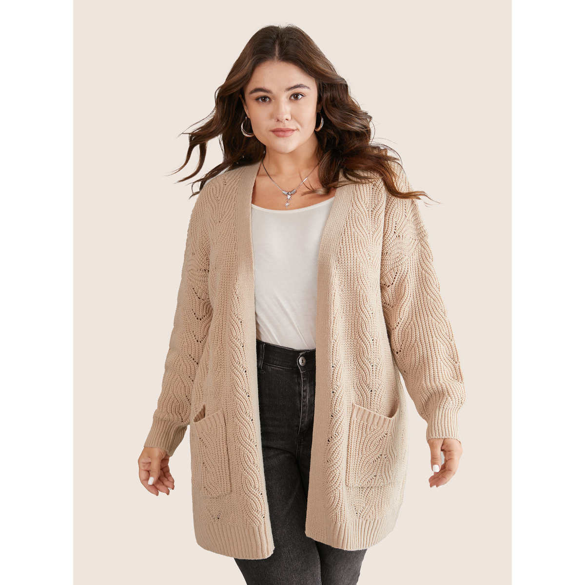 

Plus Size Solid Textured Cable Knit Hollow Out Cardigan Champagne Women Casual Loose Long Sleeve Everyday Cardigans BloomChic
