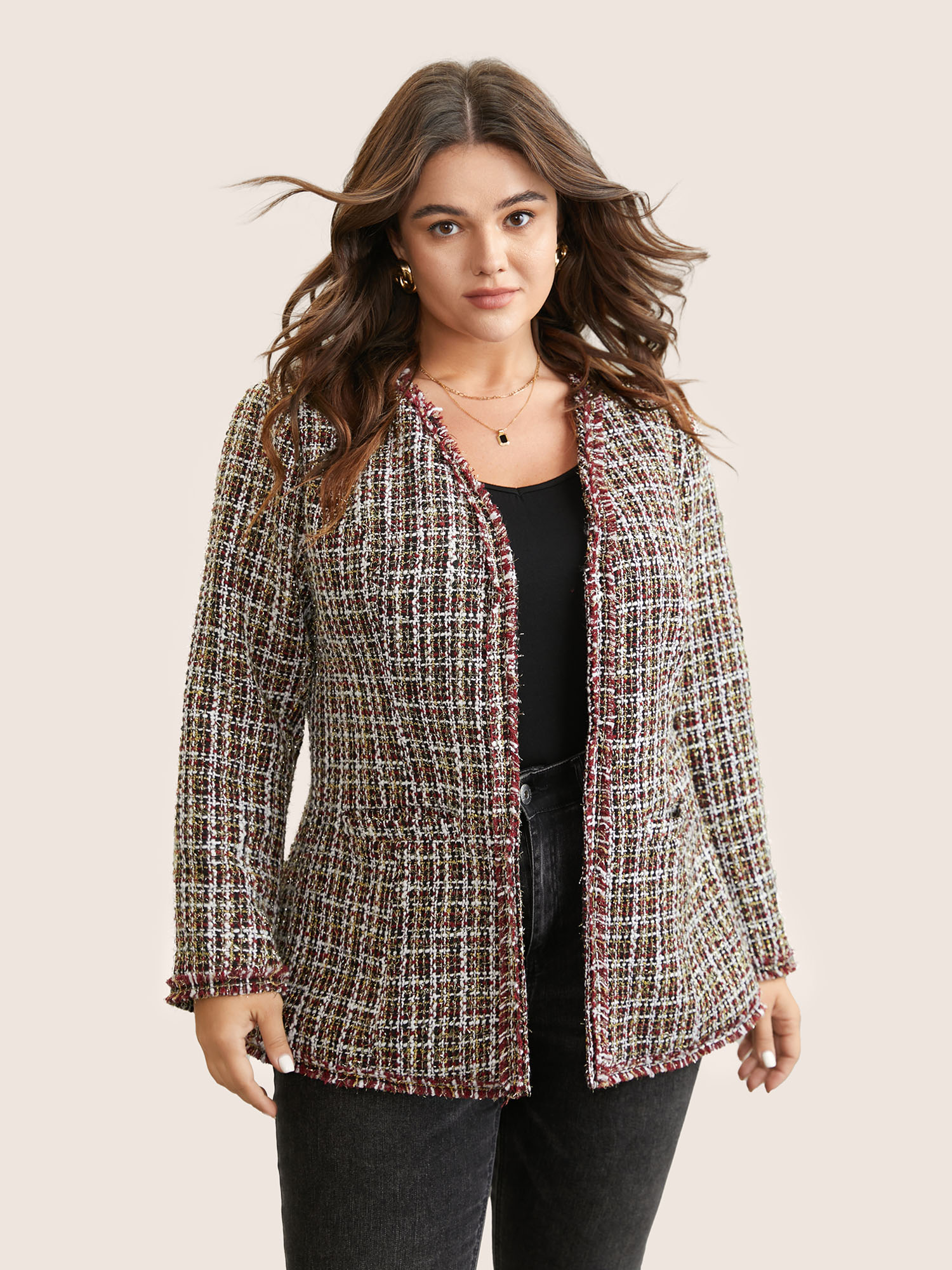 

Plus Size Tweed Fuzzy Trim Pocket Open Front Jacket Women Multicolor Texture Pocket Everyday Jackets BloomChic