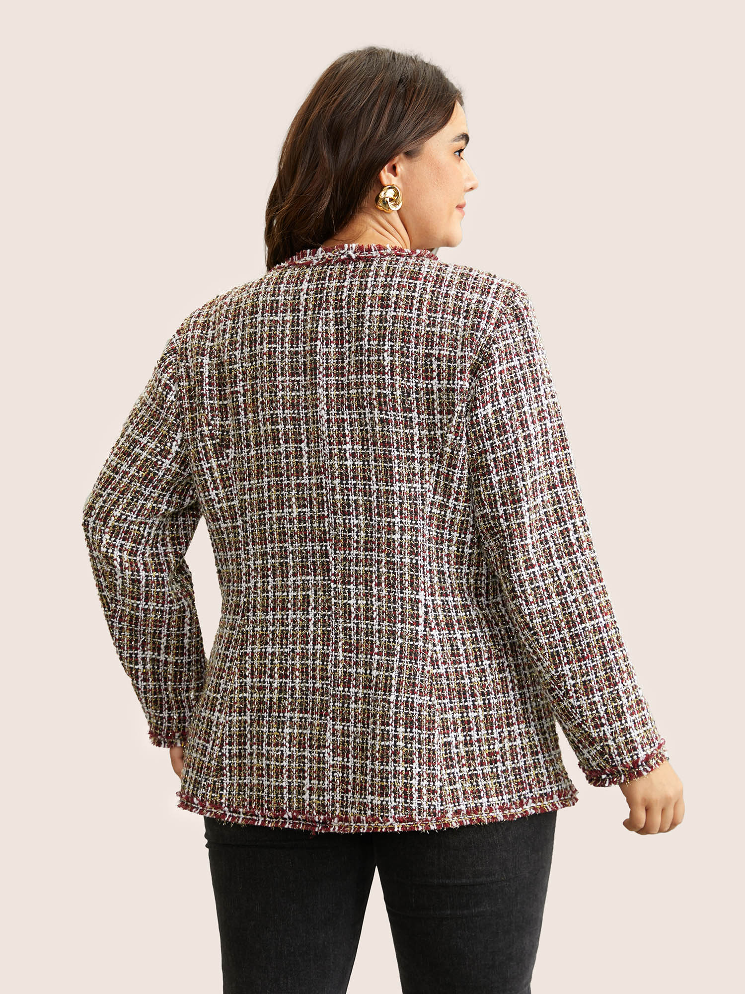 Plus Size Tweed Fuzzy Trim Pocket Open Front Jacket Women Multicolor Texture Pocket Everyday Jackets BloomChic 18-20/2X 