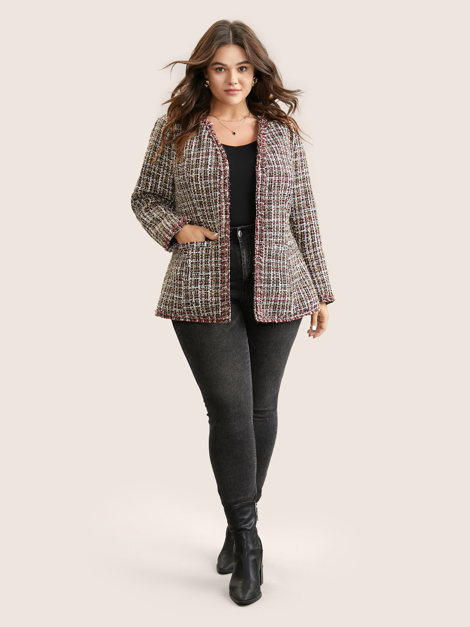 

Plus Size Tweed Fuzzy Trim Pocket Open Front Jacket Women Multicolor Texture Pocket Everyday Jackets BloomChic