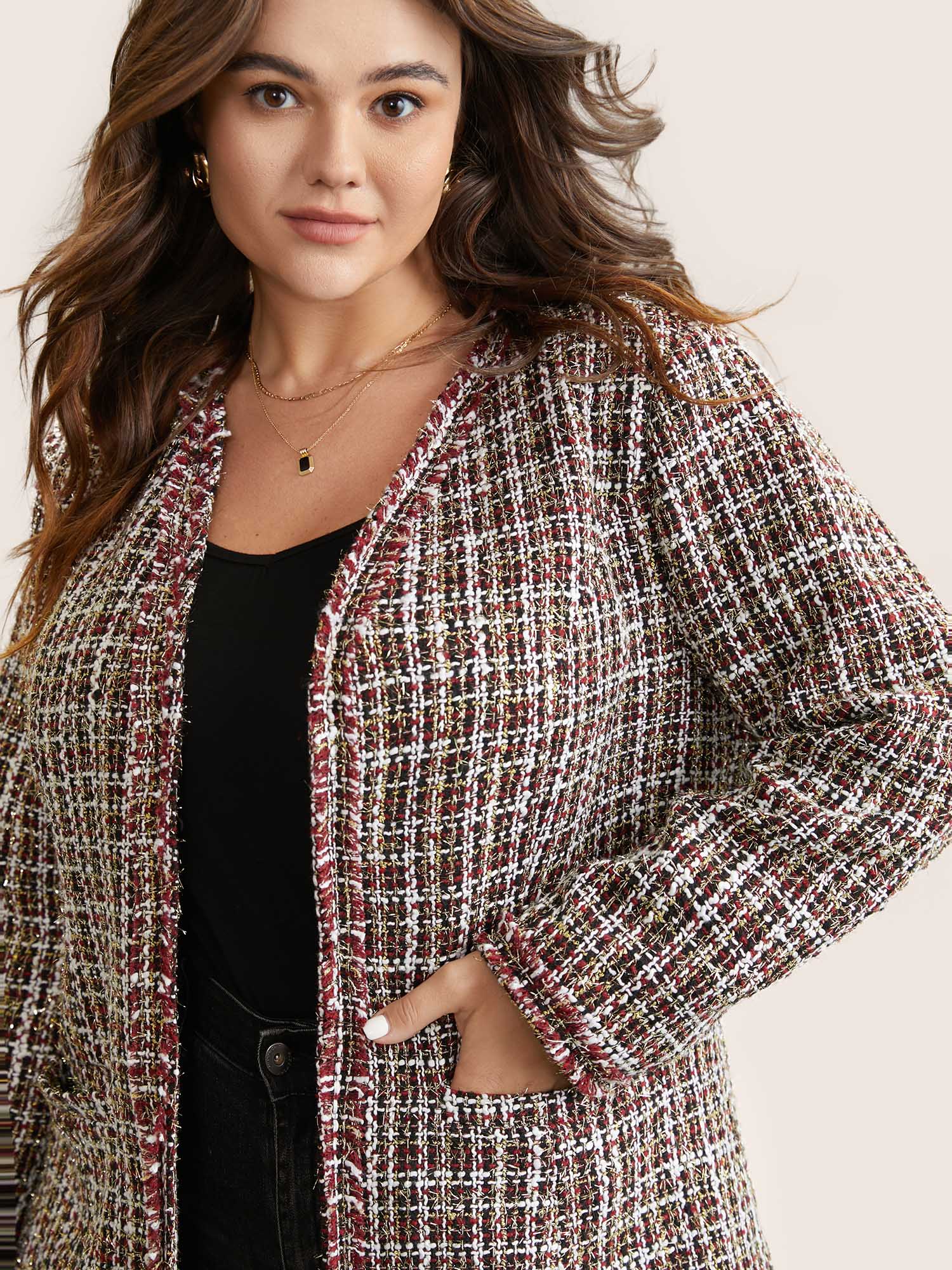 Plus Size Tweed Fuzzy Trim Pocket Open Front Jacket Women Multicolor Texture Pocket Everyday Jackets BloomChic 18-20/2X 