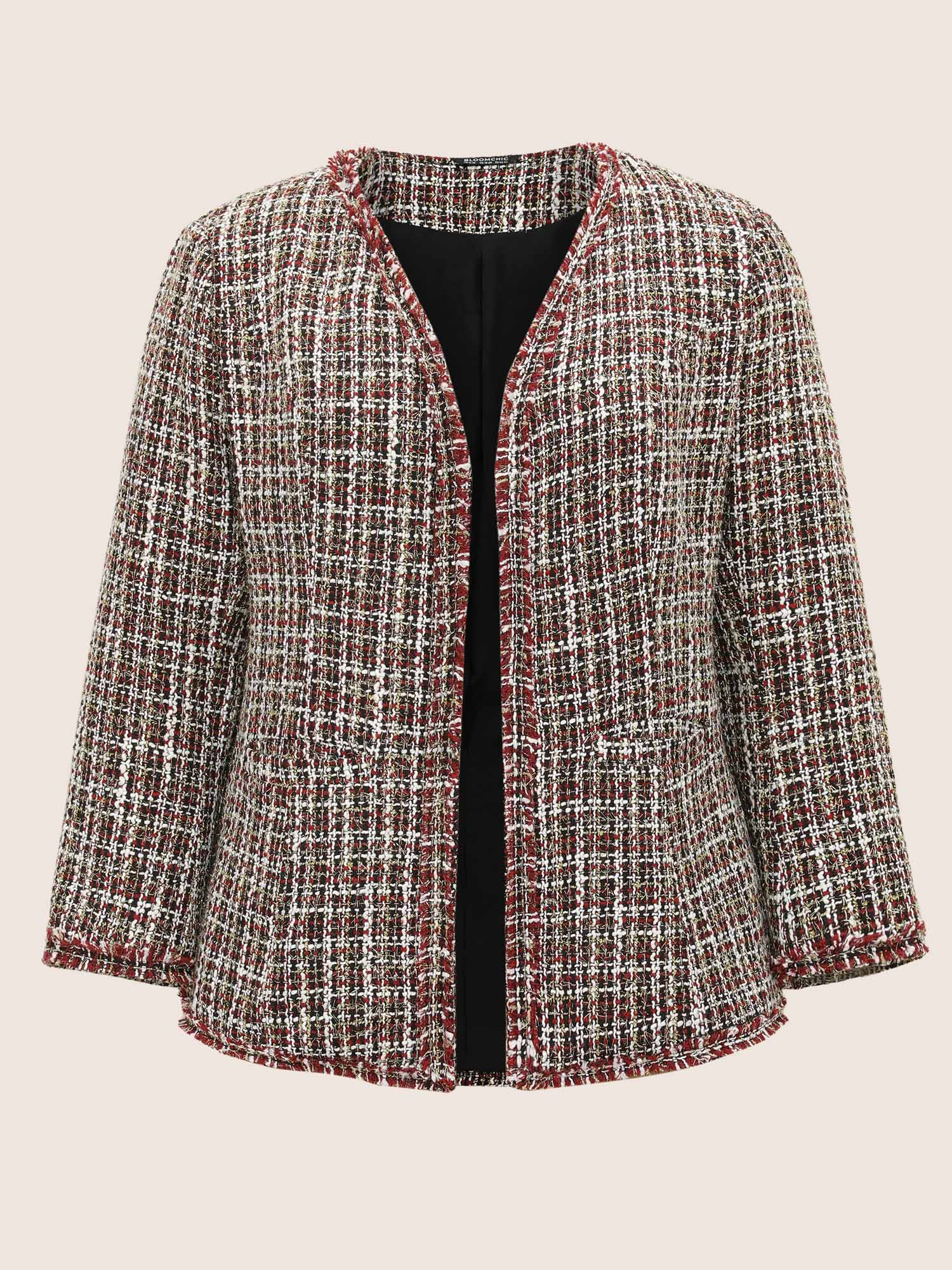 Plus Size Tweed Fuzzy Trim Pocket Open Front Jacket Women Multicolor Texture Pocket Everyday Jackets BloomChic 18-20/2X 