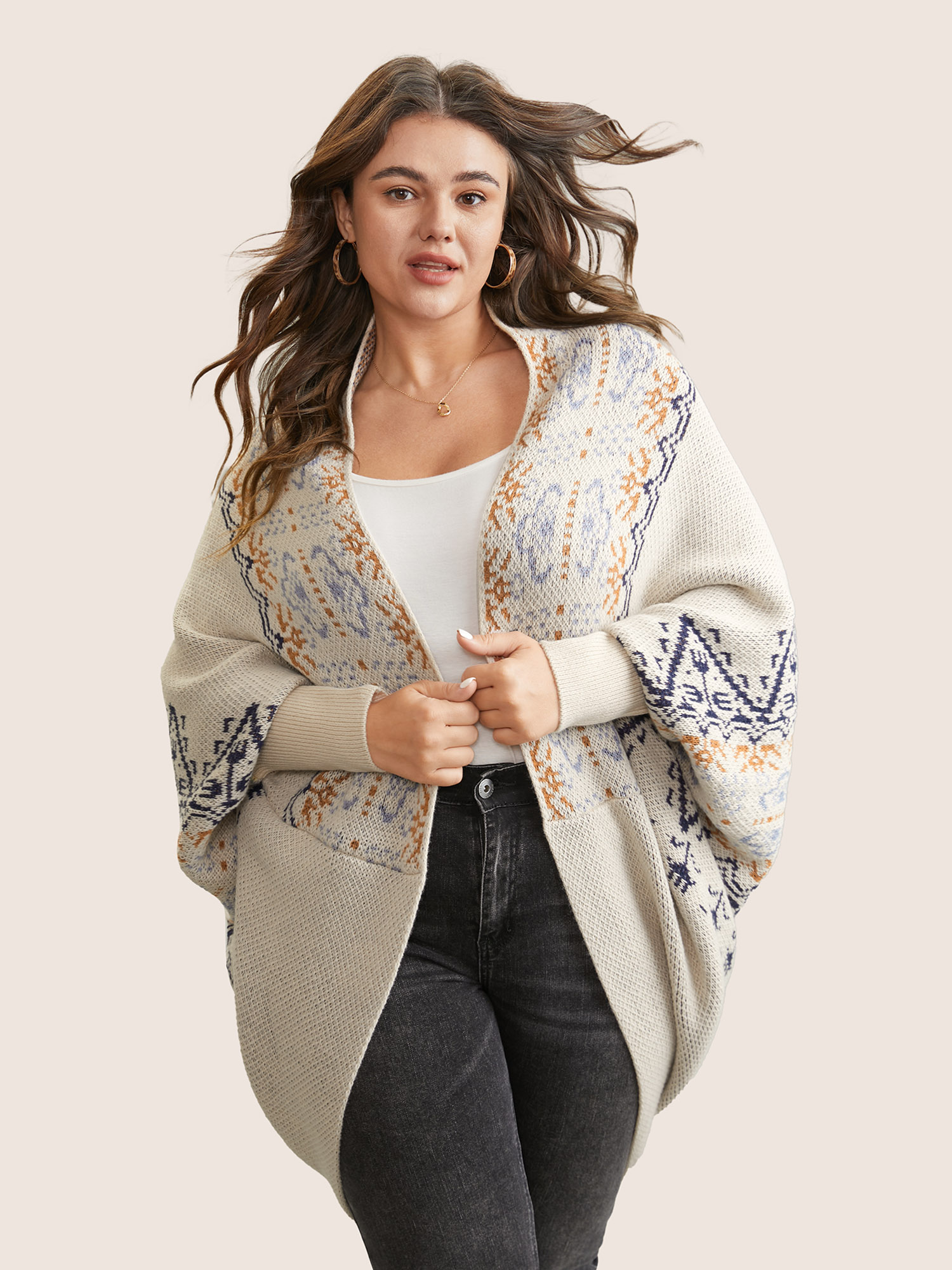 

Plus Size Boho Print Dolman Sleeve Jacquard Cardigan Beige Women Casual Loose Long Sleeve Everyday Cardigans BloomChic