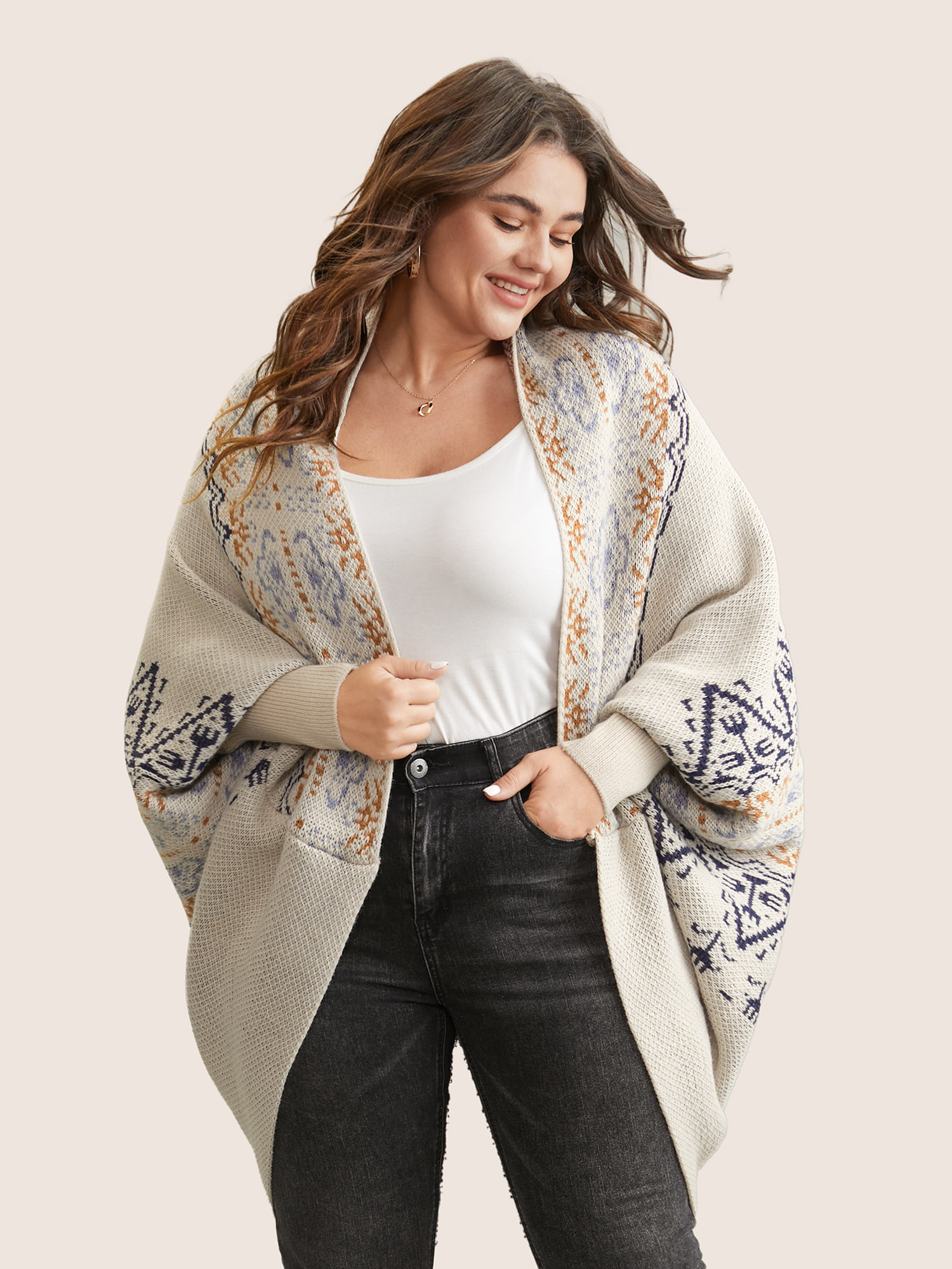 

Plus Size Boho Print Dolman Sleeve Jacquard Cardigan Beige Women Casual Loose Long Sleeve Everyday Cardigans BloomChic