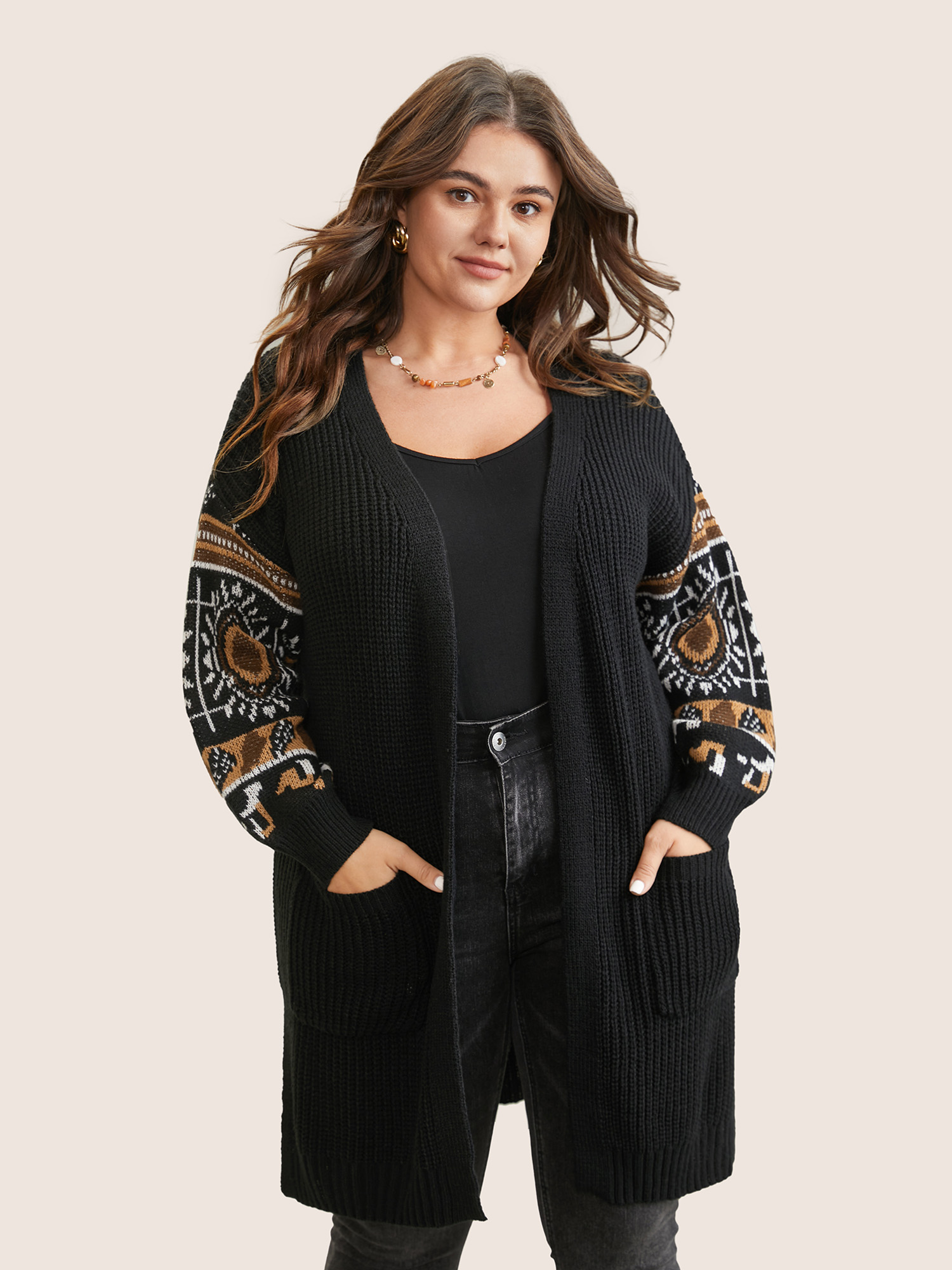Plus Size Cardigans | Geometric Jacquard Patchwork Split Hem Cardigan | BloomChic 