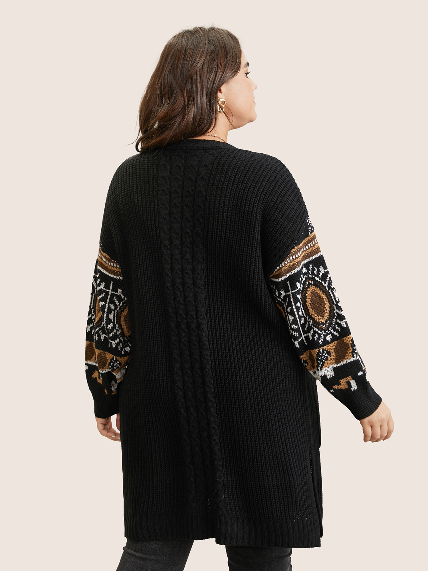 Plus Size Cardigans | Geometric Jacquard Patchwork Split Hem Cardigan | BloomChic 