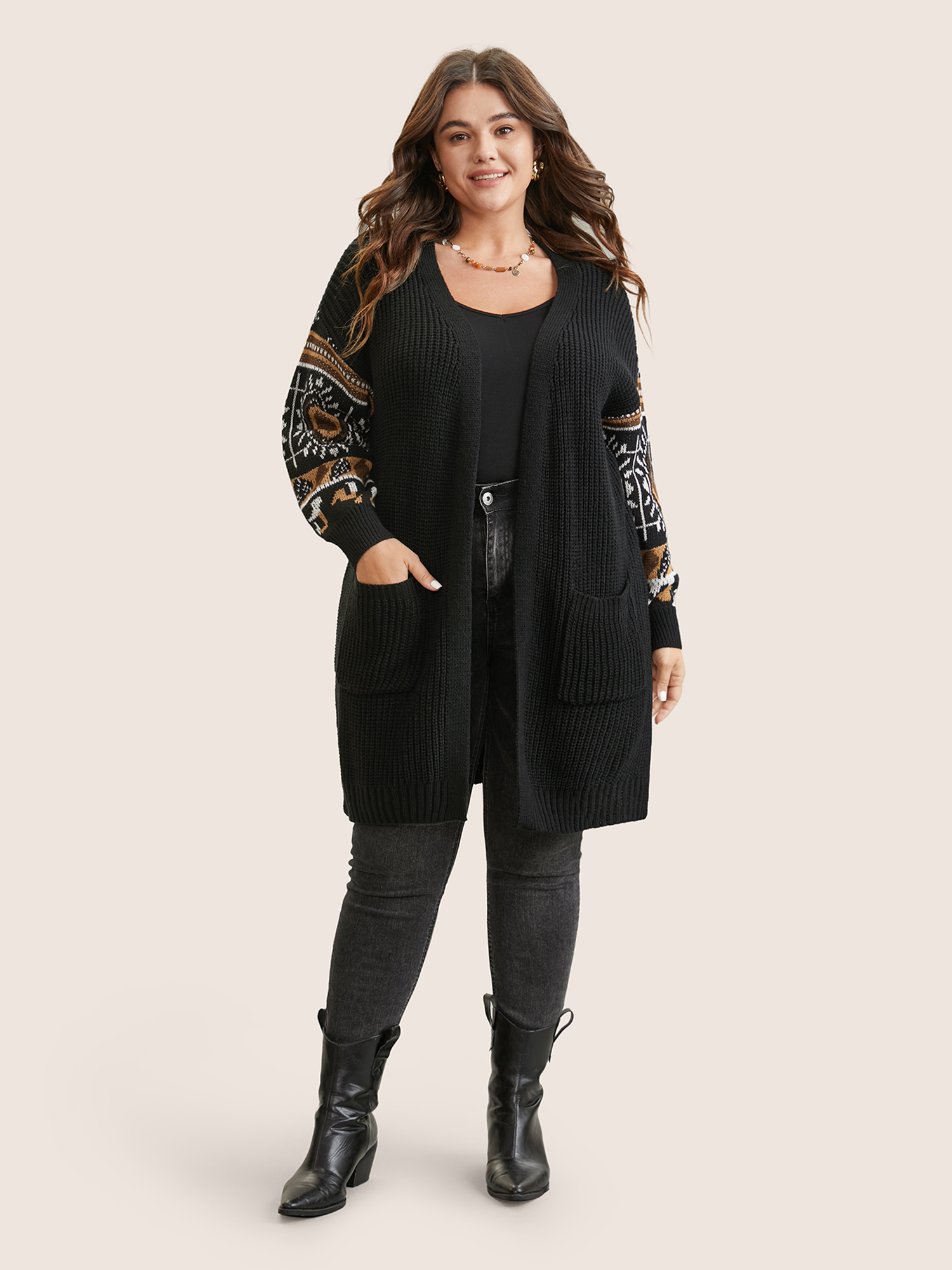 Plus Size Cardigans | Geometric Jacquard Patchwork Split Hem Cardigan | BloomChic 