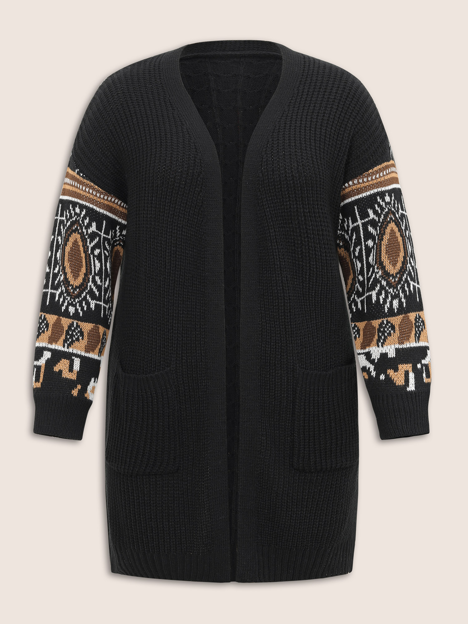 Plus Size Cardigans | Geometric Jacquard Patchwork Split Hem Cardigan | BloomChic 