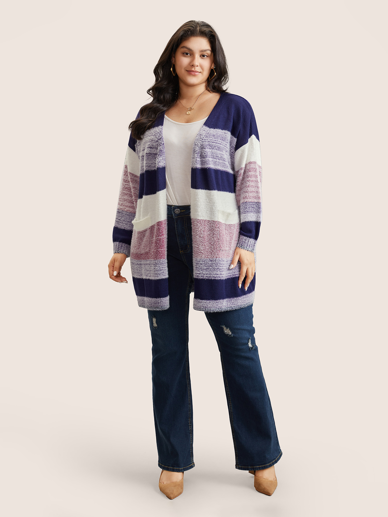 Plus Size Plaid Pocket Open Front Loose Cardigan Multicolor Women Casual Loose Long Sleeve Everyday Cardigans BloomChic 10/M 