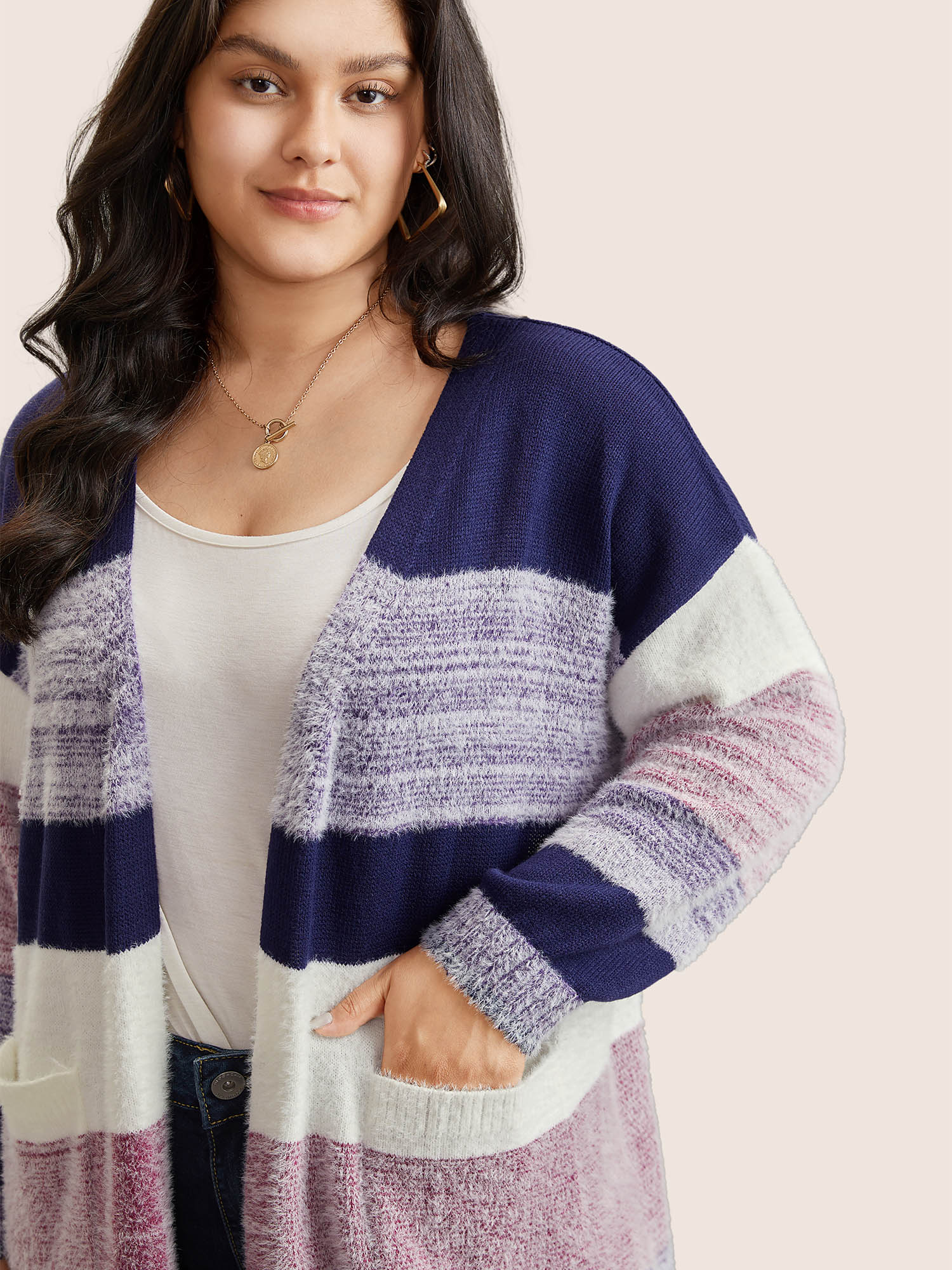 Plus Size Plaid Pocket Open Front Loose Cardigan Multicolor Women Casual Loose Long Sleeve Everyday Cardigans BloomChic 10/M 