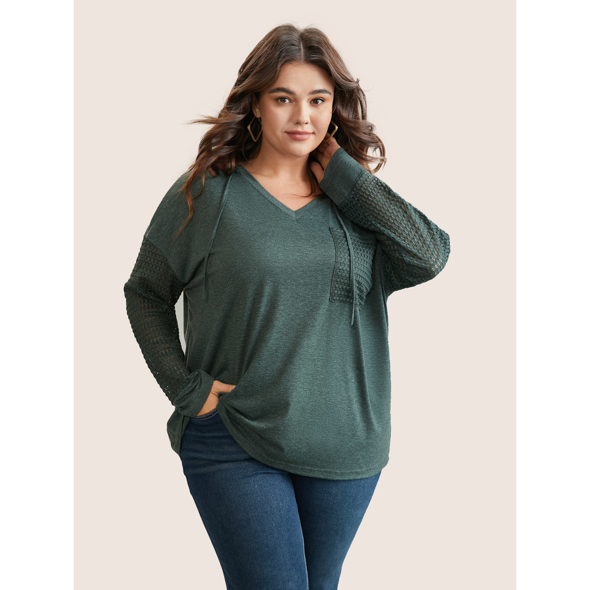 

Plus Size Solid Heather Patched Pocket Textured T-shirt Cyan Women Casual Texture Plain Hooded Everyday T-shirts BloomChic