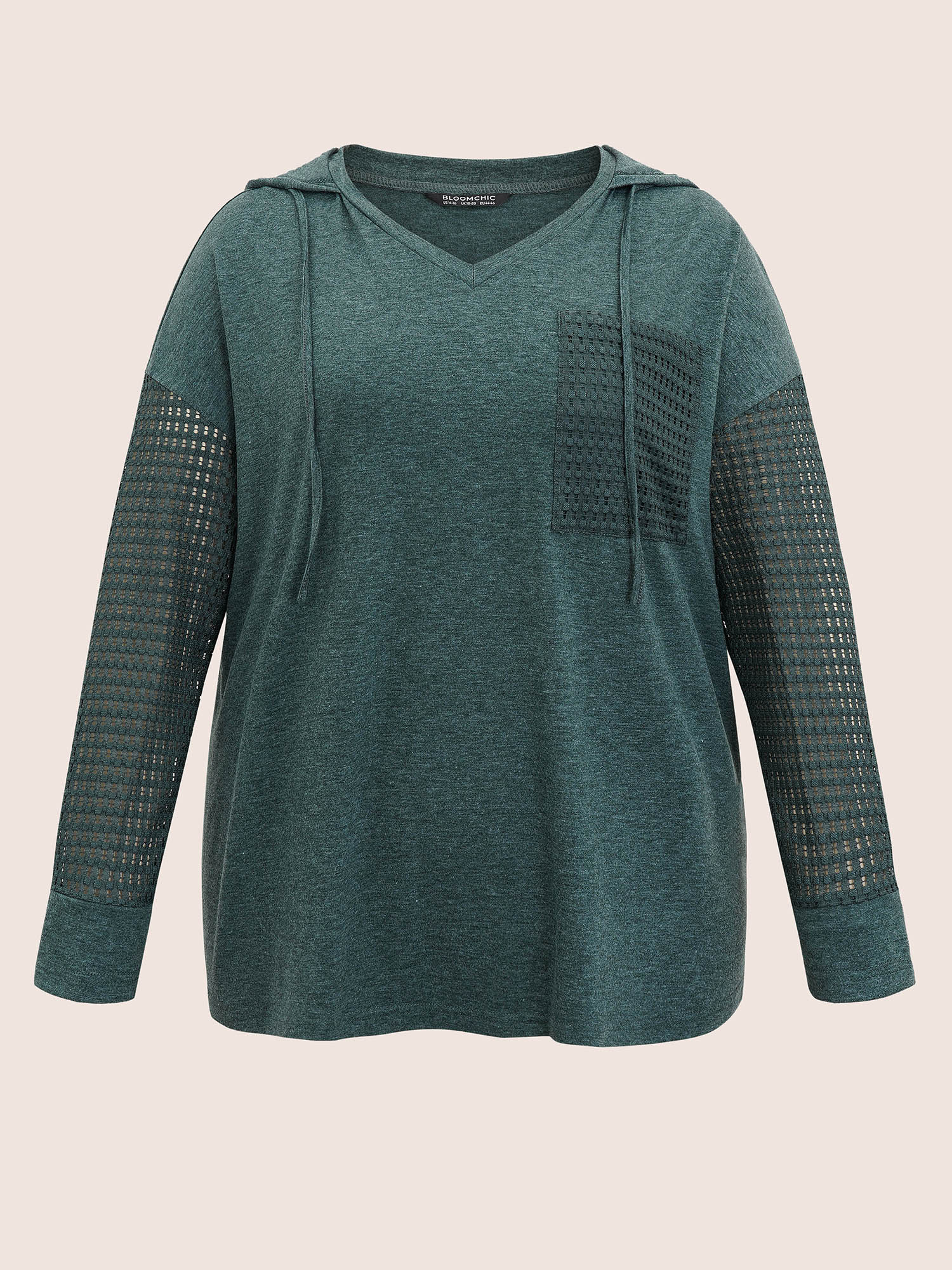 

Plus Size Solid Heather Patched Pocket Textured T-shirt Cyan Women Casual Texture Plain Hooded Everyday T-shirts BloomChic