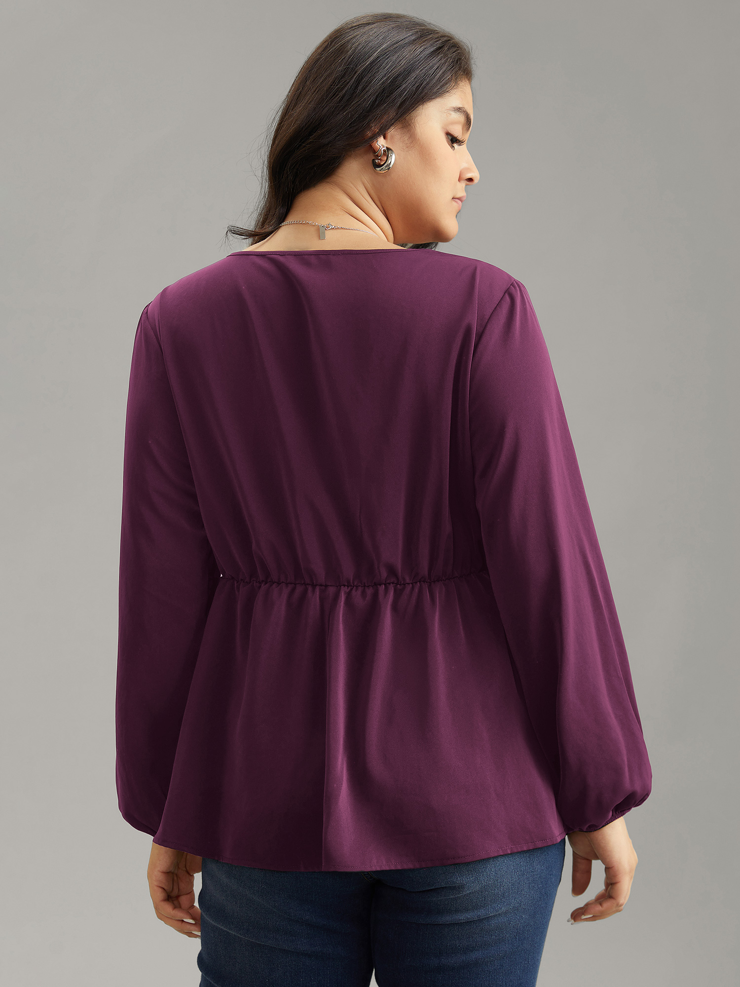 

Plus Size Purple Pearl Beaded Plicated Detail Blouse Women Office Long Sleeve V-neck Work Blouses BloomChic