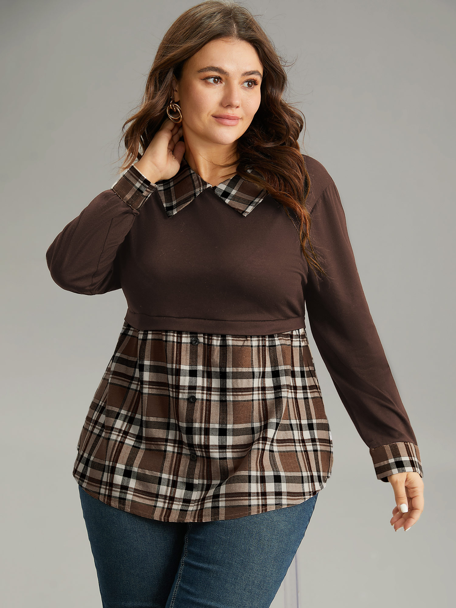 

Plus Size Plaid Patchwork Button Detail Lapel Collar T-shirt DarkBrown Lapel Collar Long Sleeve Casual Jersey Tops