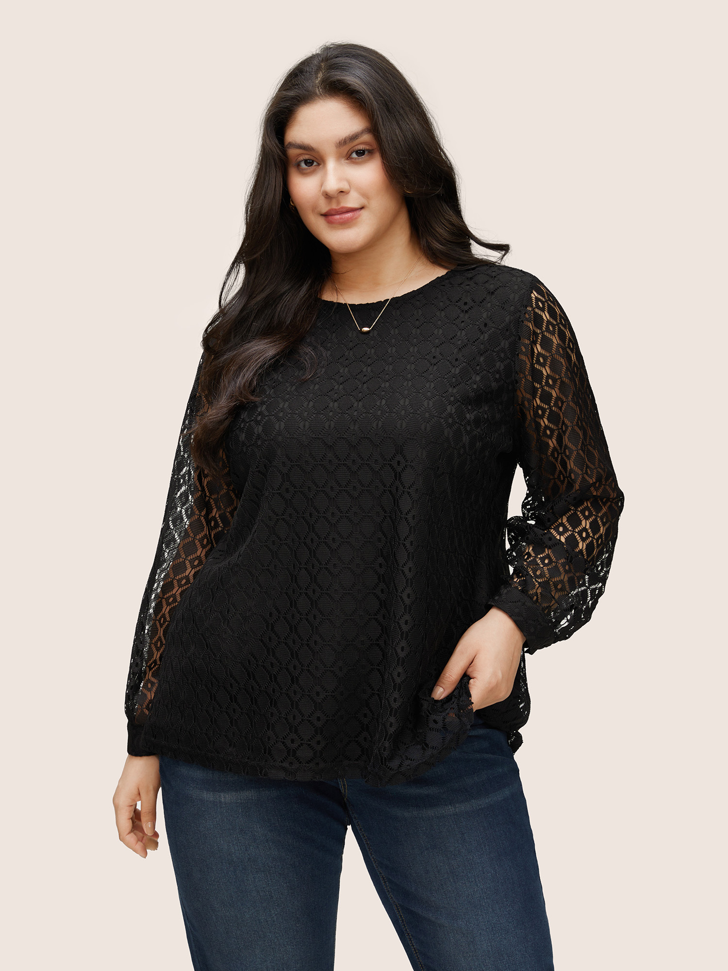 

Plus Size Black Geometric Lace Panel Round Neck Blouse Women Elegant Long Sleeve Round Neck Party Blouses BloomChic