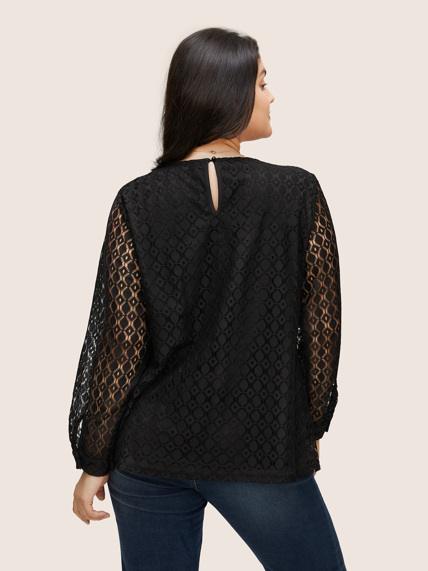 

Plus Size Black Geometric Lace Panel Round Neck Blouse Women Elegant Long Sleeve Round Neck Party Blouses BloomChic