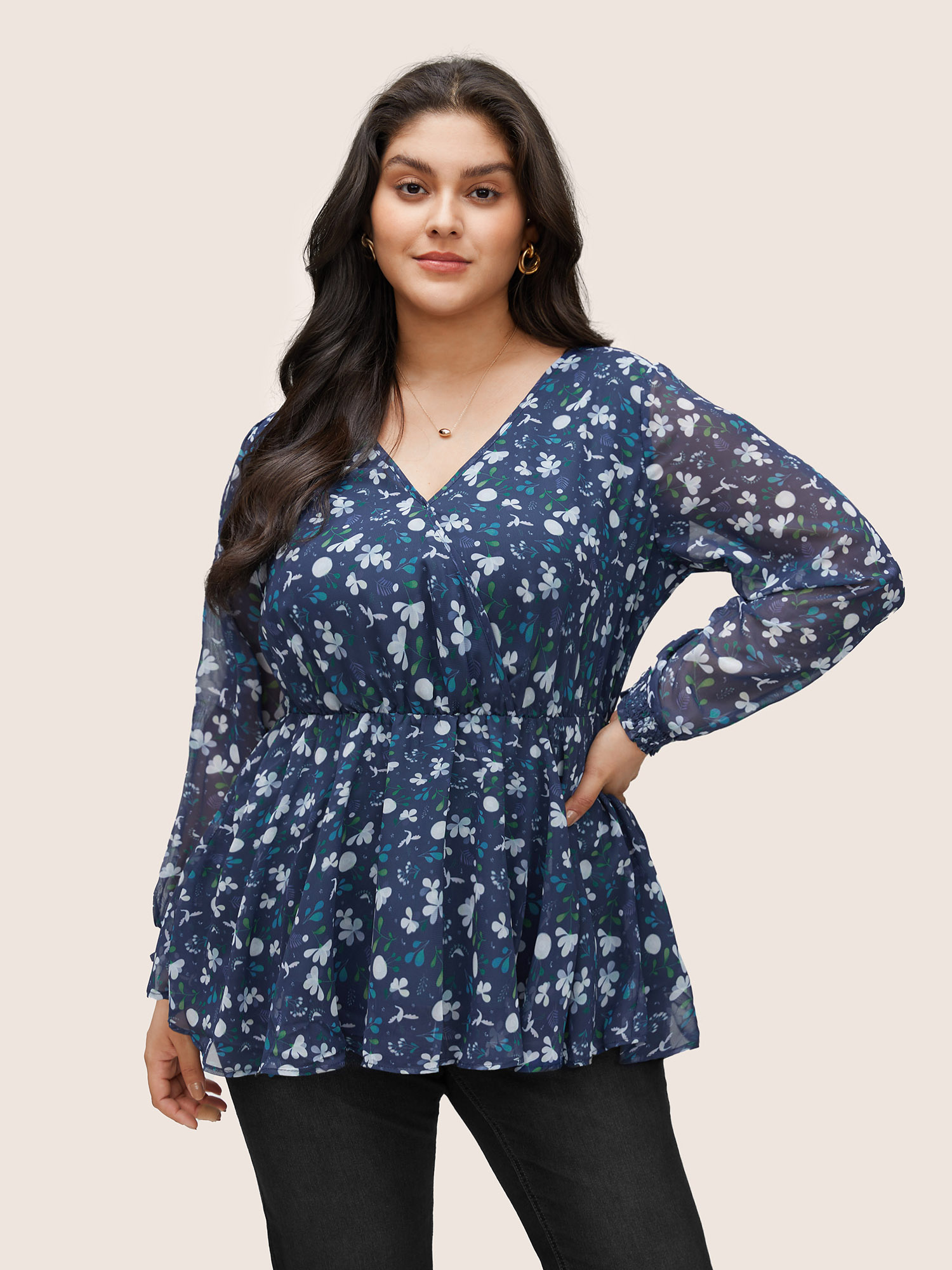 Plus Size Women Party Ditsy Floral Elastic cuffs Lantern Sleeve Long Sleeve V-neck Elegant Blouses BloomChic 