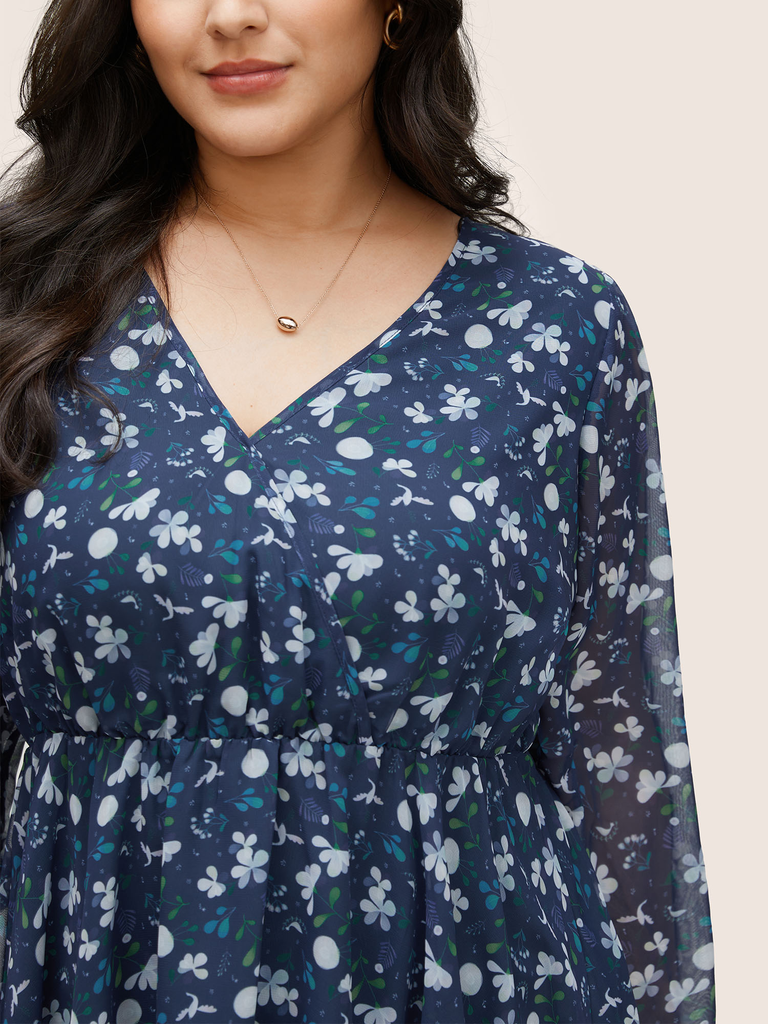 Plus Size Women Party Ditsy Floral Elastic cuffs Lantern Sleeve Long Sleeve V-neck Elegant Blouses BloomChic 