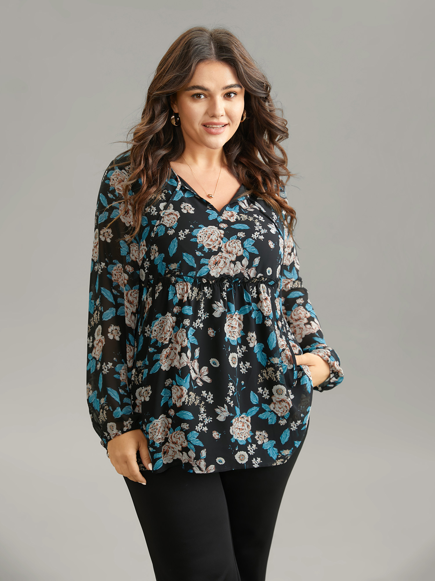 Plus Size Women Work Floral Lined Lantern Sleeve Long Sleeve Tie Neck Elegant Blouses BloomChic 