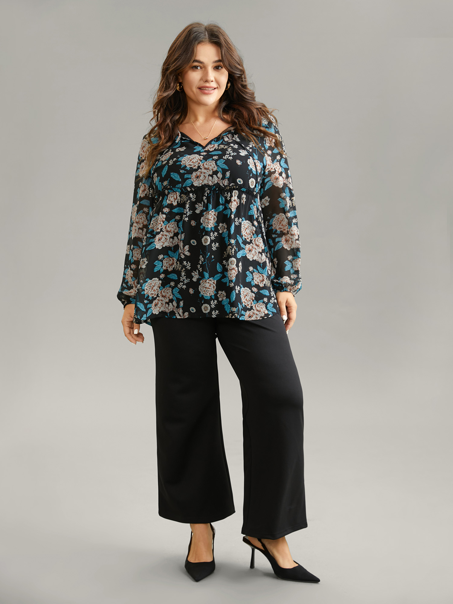 Plus Size Women Work Floral Lined Lantern Sleeve Long Sleeve Tie Neck Elegant Blouses BloomChic 