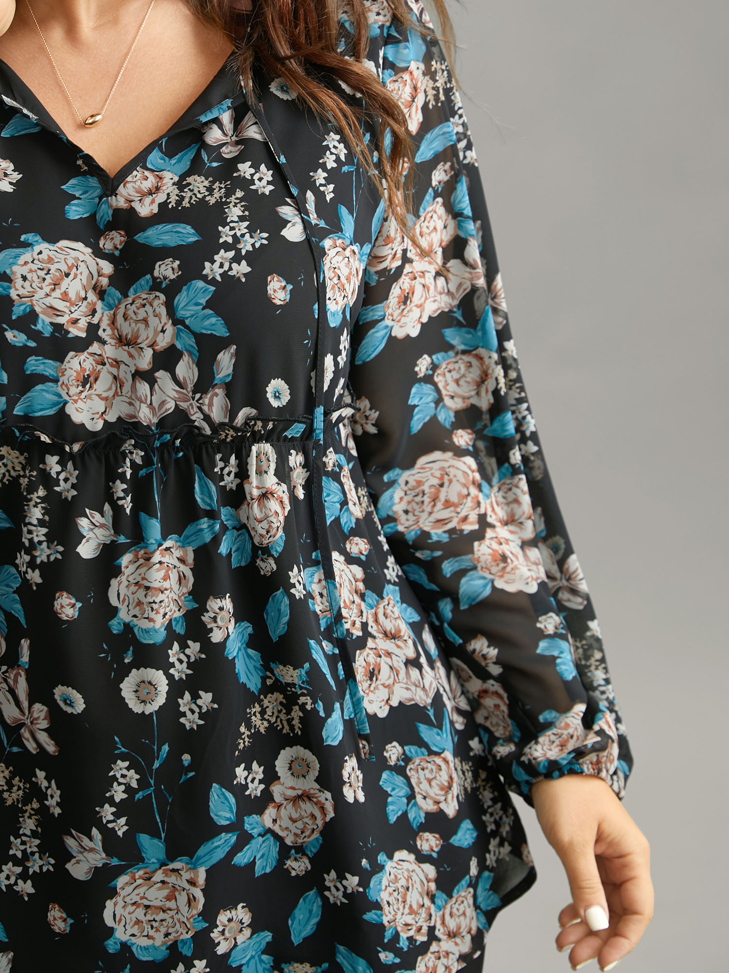 Plus Size Women Work Floral Lined Lantern Sleeve Long Sleeve Tie Neck Elegant Blouses BloomChic 