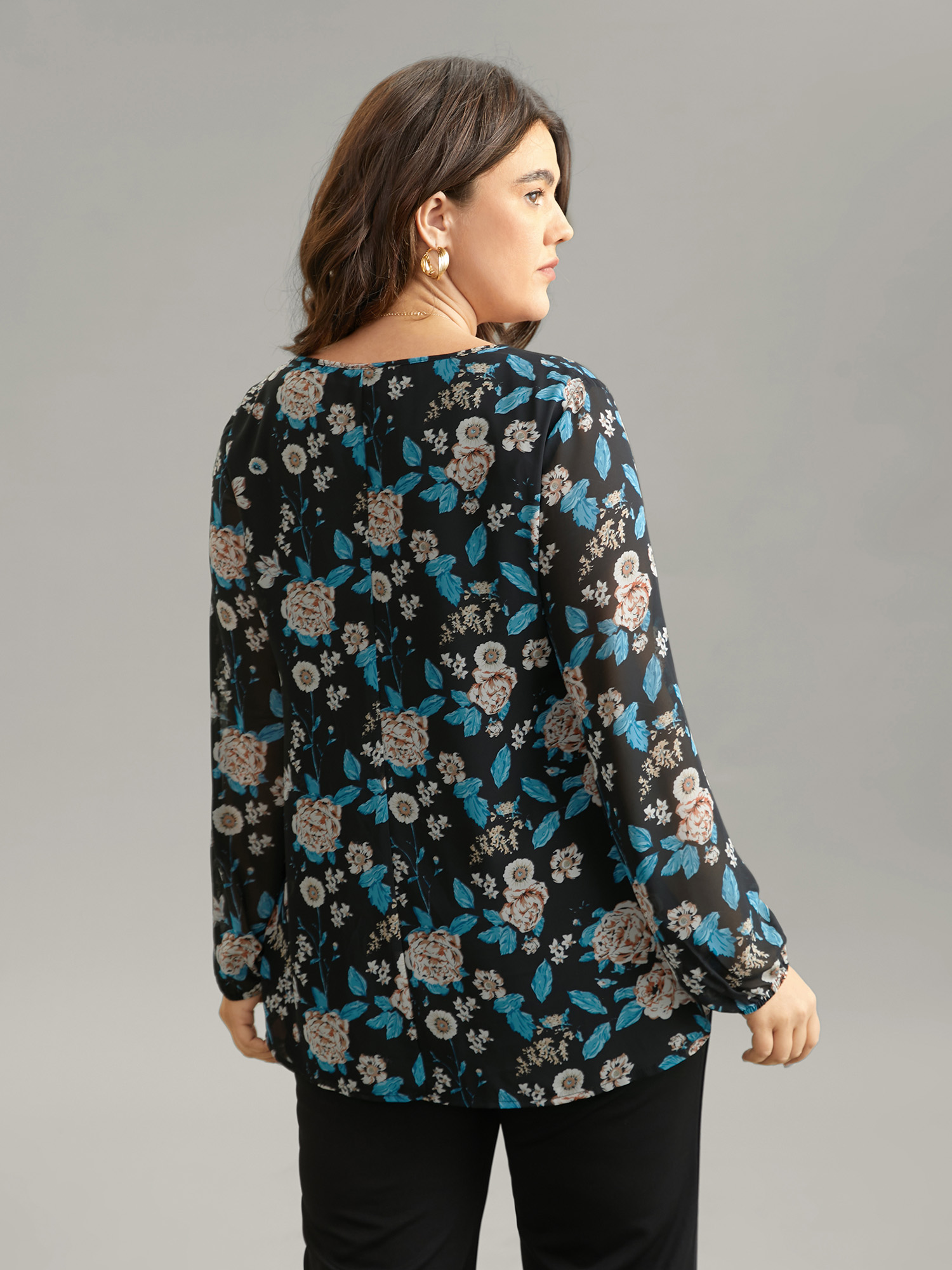 Plus Size Women Work Floral Lined Lantern Sleeve Long Sleeve Tie Neck Elegant Blouses BloomChic 