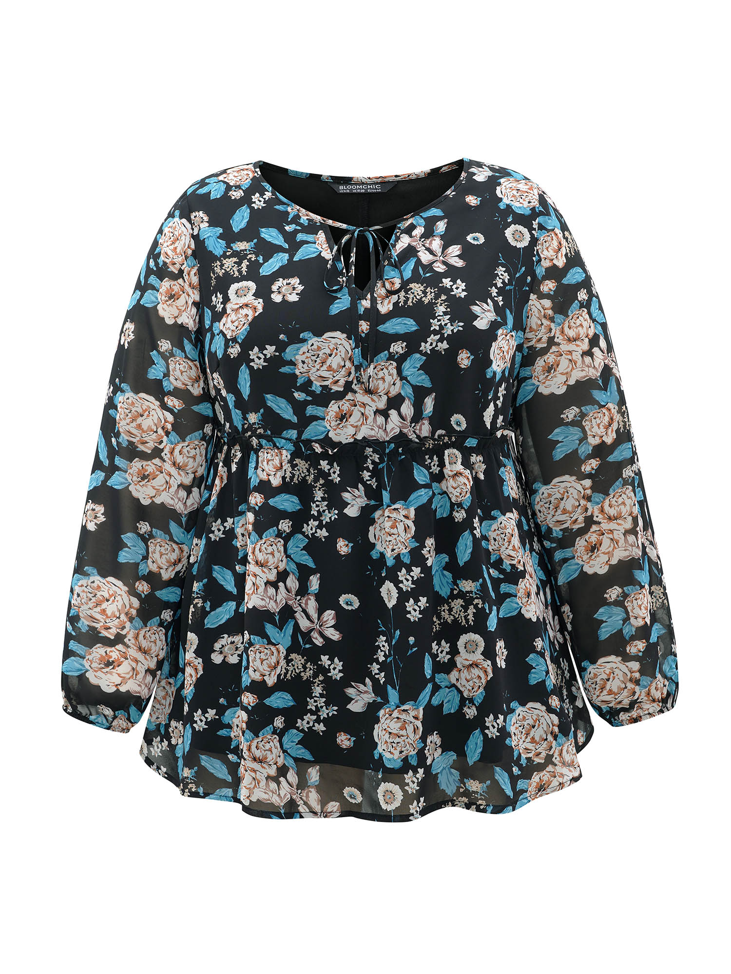 Plus Size Women Work Floral Lined Lantern Sleeve Long Sleeve Tie Neck Elegant Blouses BloomChic 
