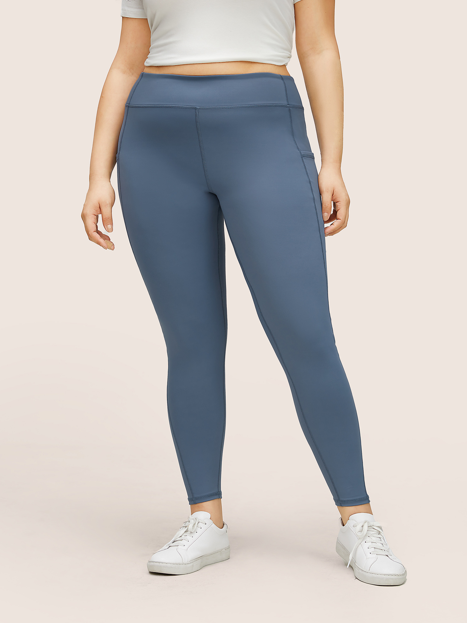 Plus Size Women Dailywear Plain Elastic Waist High stretch Skinny High Rise Pocket Casual Leggings BloomChic 