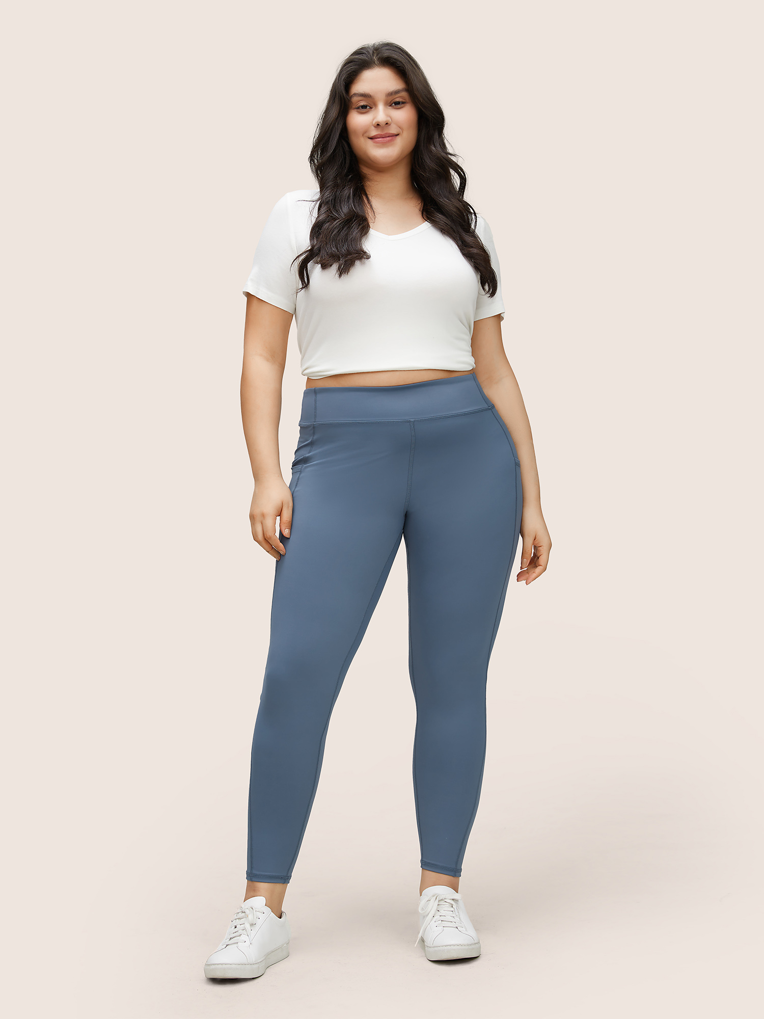 Plus Size Women Dailywear Plain Elastic Waist High stretch Skinny High Rise Pocket Casual Leggings BloomChic 