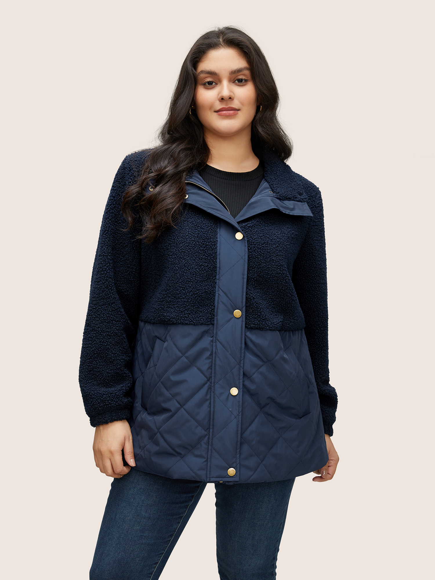 

Plus Size Fluffy Patchwork Quilted Button Through Coat Women Indigo Casual Lined Ladies Everyday Winter Coats BloomChic