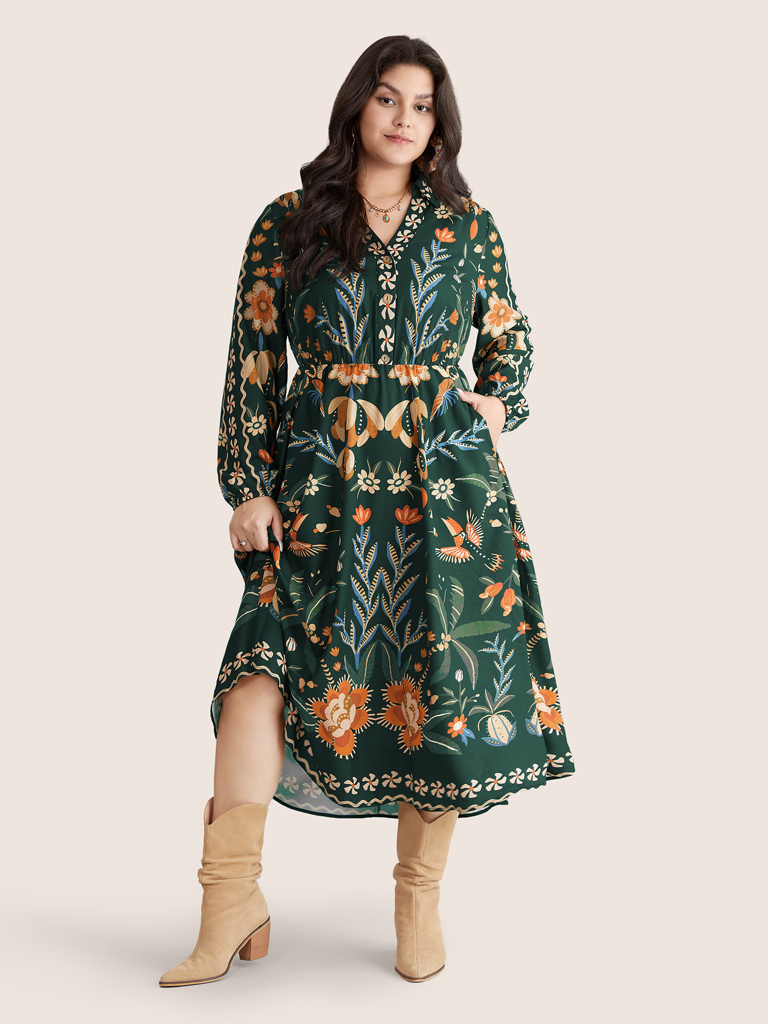 

Plus Size Bandana Print Pocket Lapel Collar Elastic Cuffs Dress DarkGreen Women Resort Non V-neck Long Sleeve Curvy Midi Dress BloomChic