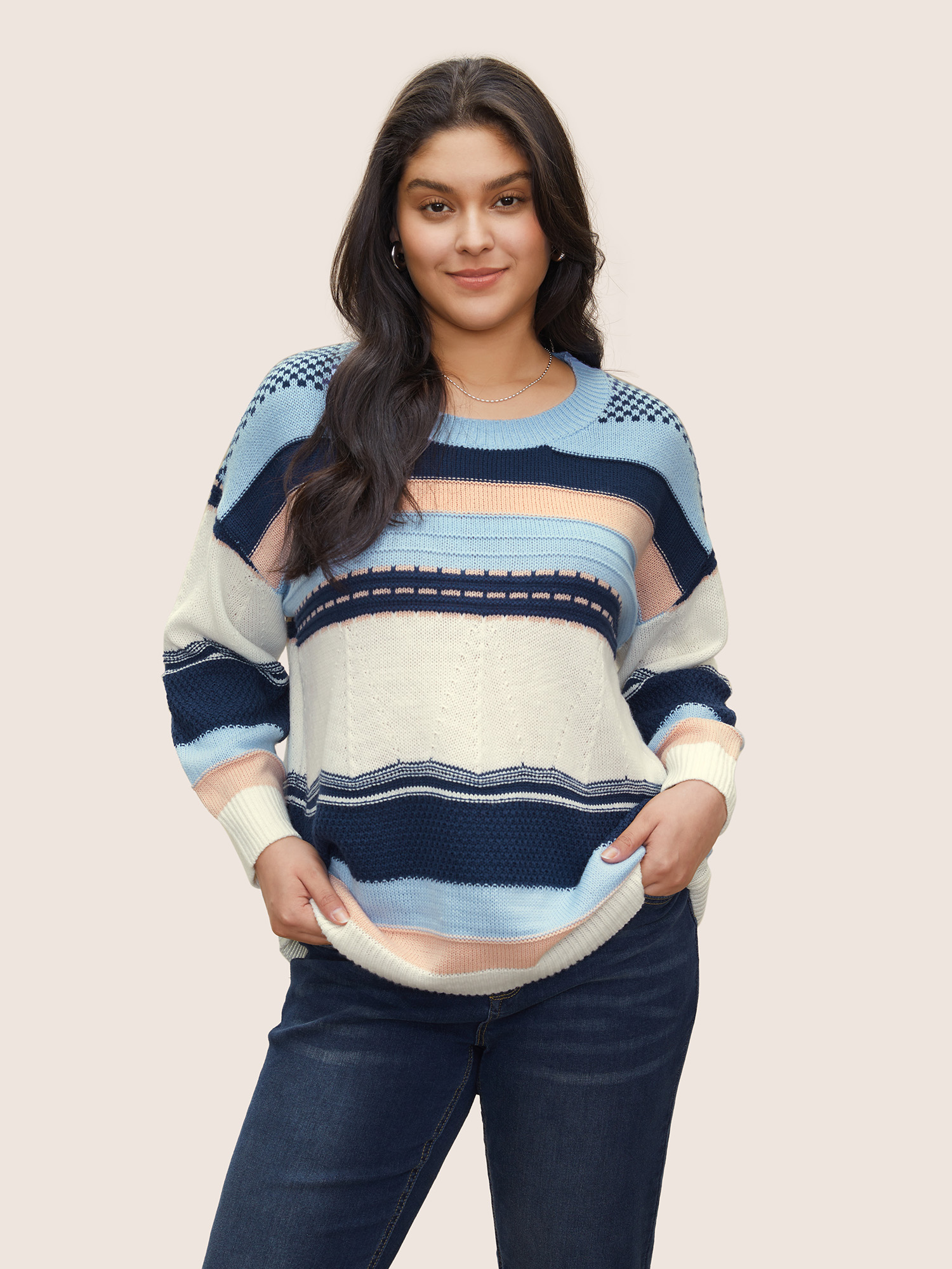 

Plus Size Colorblock Contrast Textured Knit Pullover LightBlue Women Casual Long Sleeve Round Neck Everyday Pullovers BloomChic