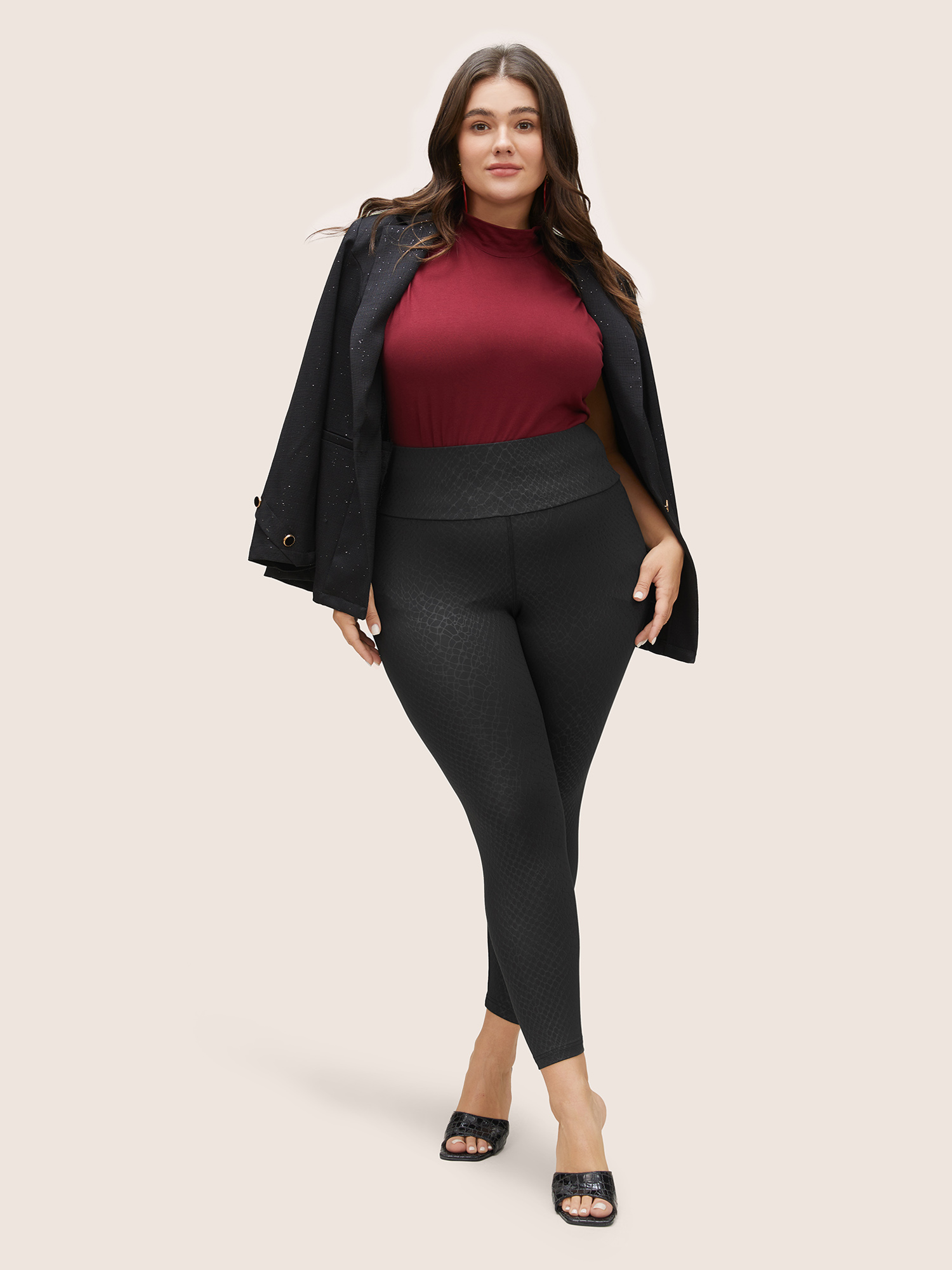Plus Size Plain Textured Skinny High Rise Leggings Women Black Casual High stretch Skinny High Rise Everyday Leggings BloomChic 12/L 