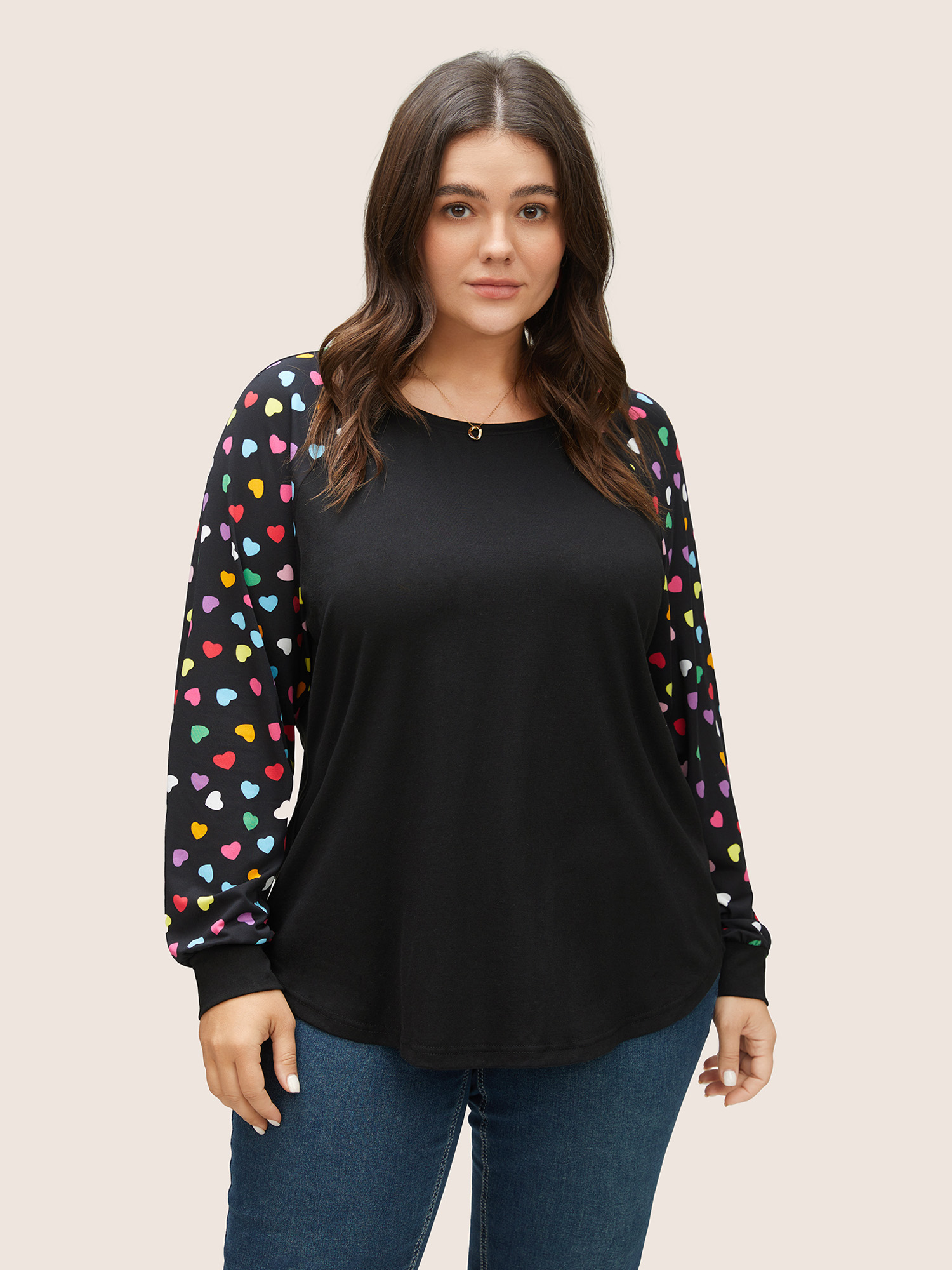 

Plus Size Colour Heart Print Raglan Sleeve T-shirt Black Women Elegant Non Heart Print Round Neck Everyday T-shirts BloomChic