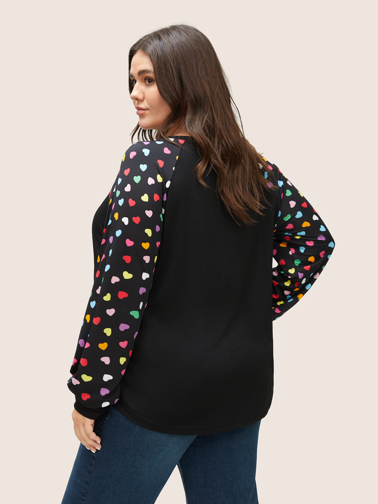 

Plus Size Colour Heart Print Raglan Sleeve T-shirt Black Women Elegant Non Heart Print Round Neck Everyday T-shirts BloomChic