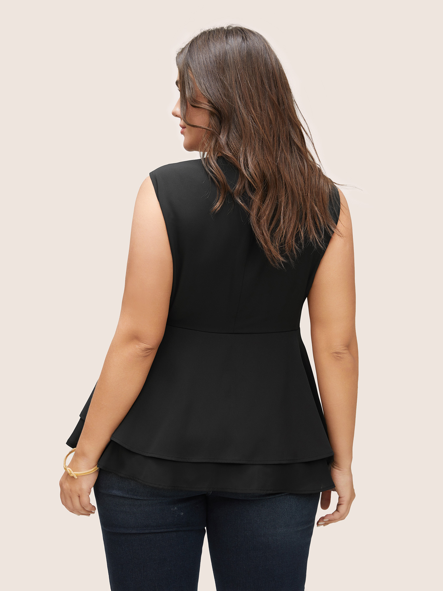 

Plus Size Solid Asymmetrical Patchwork Button Down Vest Black At the Office Lined Work Vests  Bloomchic