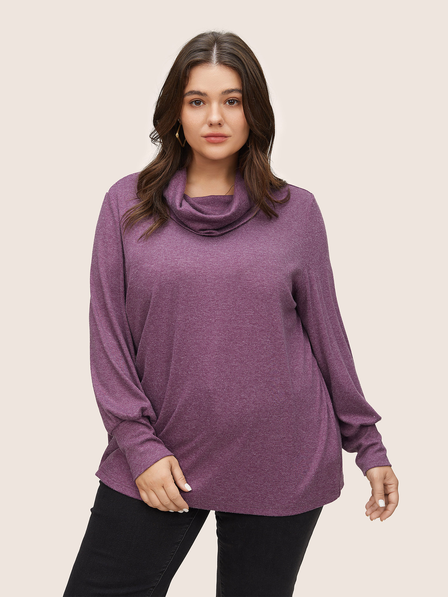 

Plus Size Plain Heather Cowl Neck Lantern Sleeve T-shirt Mauve Women Casual Non Plain Cowl Neck Everyday T-shirts BloomChic