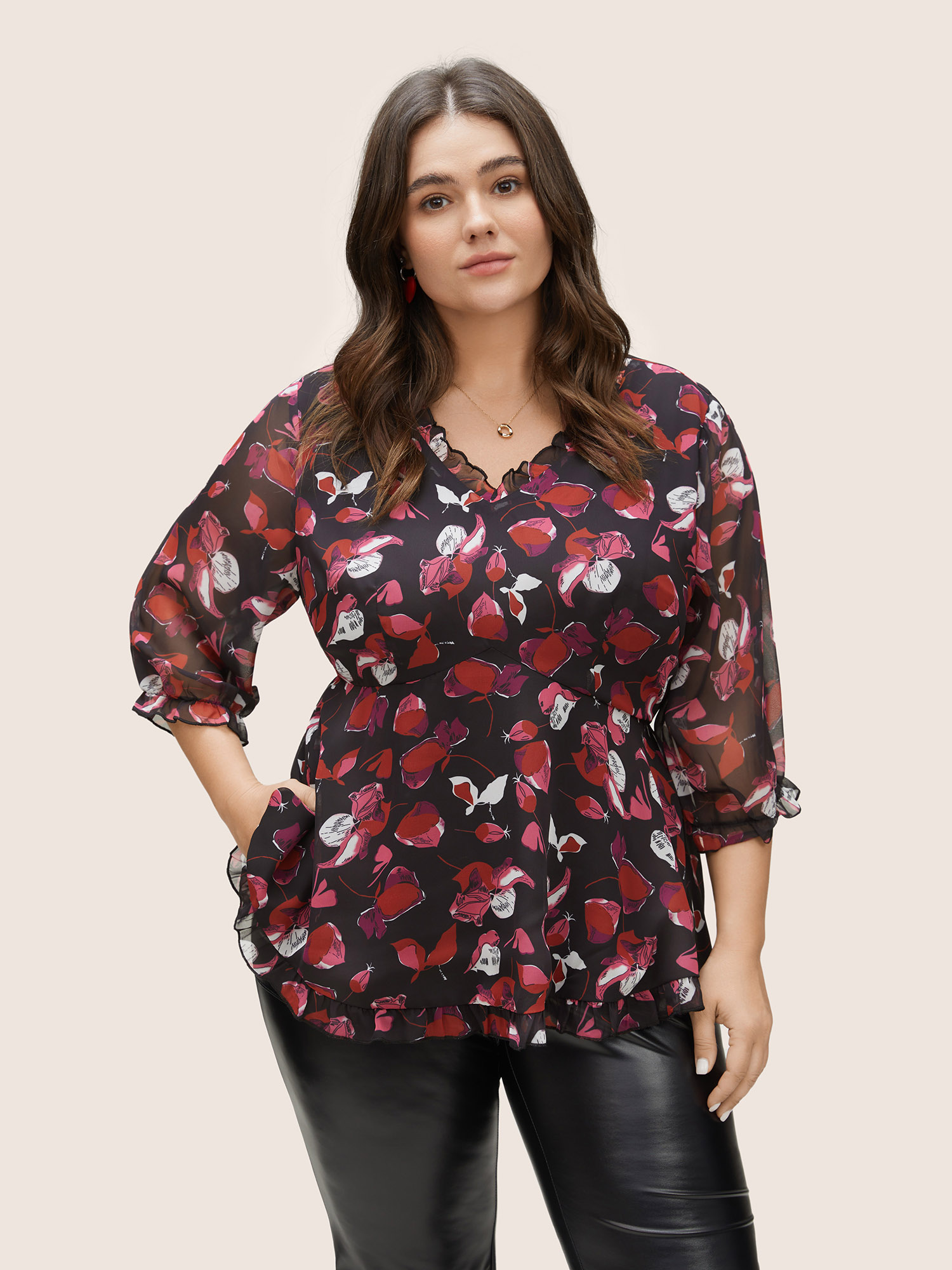 Plus Size Women Party Floral Elastic cuffs Lantern Sleeve Elbow-length sleeve V-neck Cocktail Blouses BloomChic 