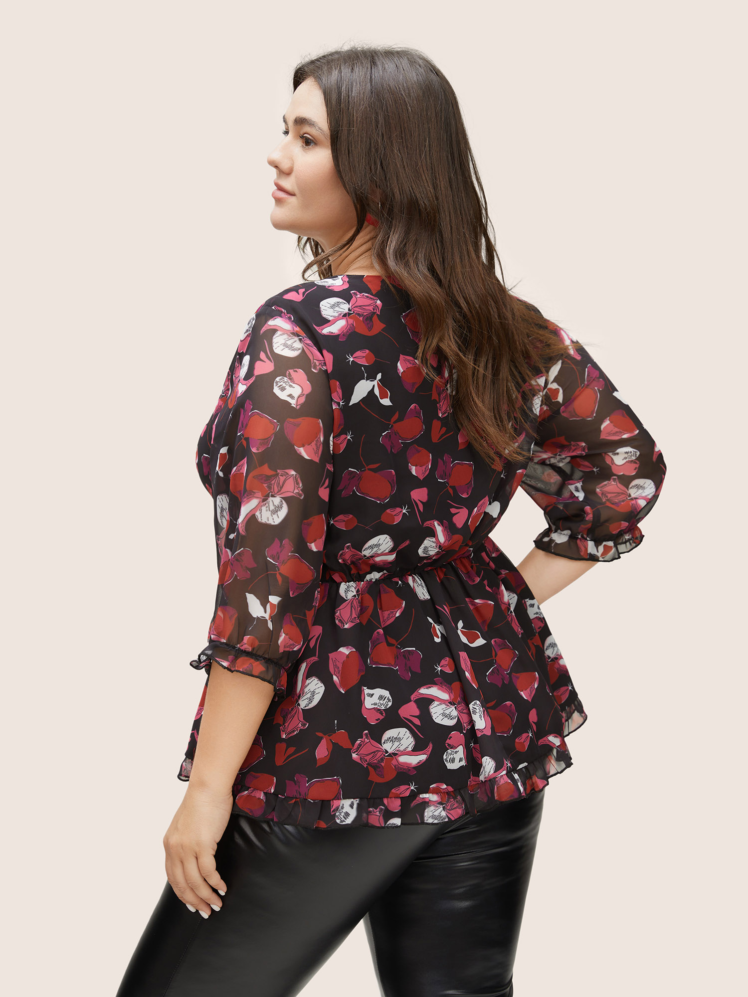 Plus Size Women Party Floral Elastic cuffs Lantern Sleeve Elbow-length sleeve V-neck Cocktail Blouses BloomChic 