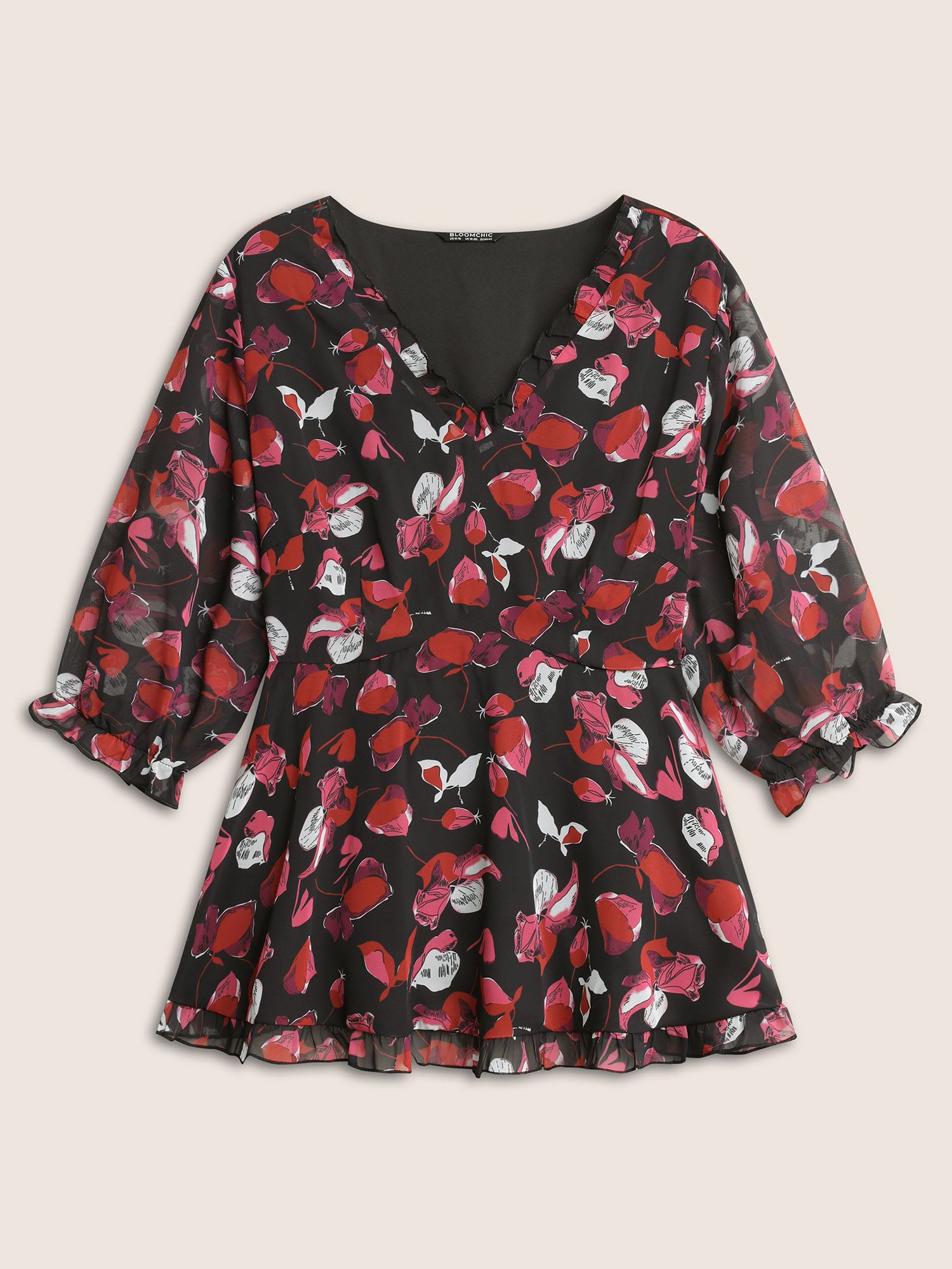 Plus Size Women Party Floral Elastic cuffs Lantern Sleeve Elbow-length sleeve V-neck Cocktail Blouses BloomChic 
